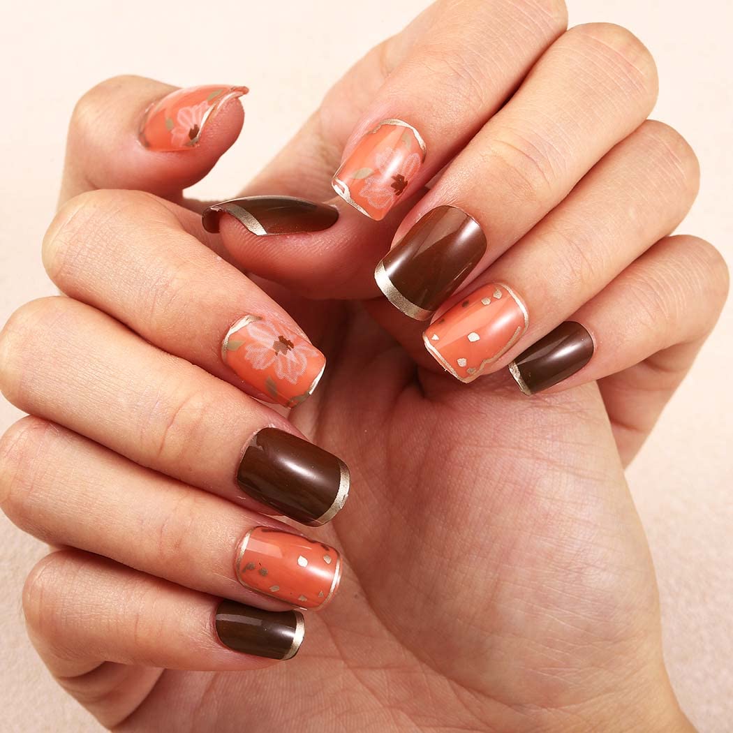 24Pcs Short Square Press on Nails - French Fake Nails with Glossy Gradient Design, Acrylic False Nails Full Cover Tips for Women & Girls | Perfect for Parties, Weddings, and Daily Wear (Orange French)