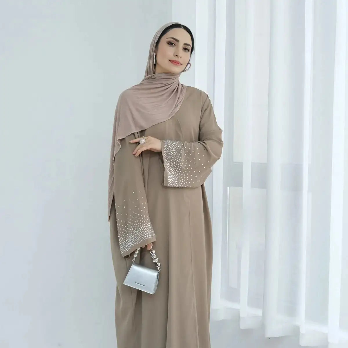 Hotfix Rhinestone Sleeve Nida Cardigan Open Abaya Dress for Women - Elegant Embellished Long Cover Up for Parties, Weddings & Special Occasions