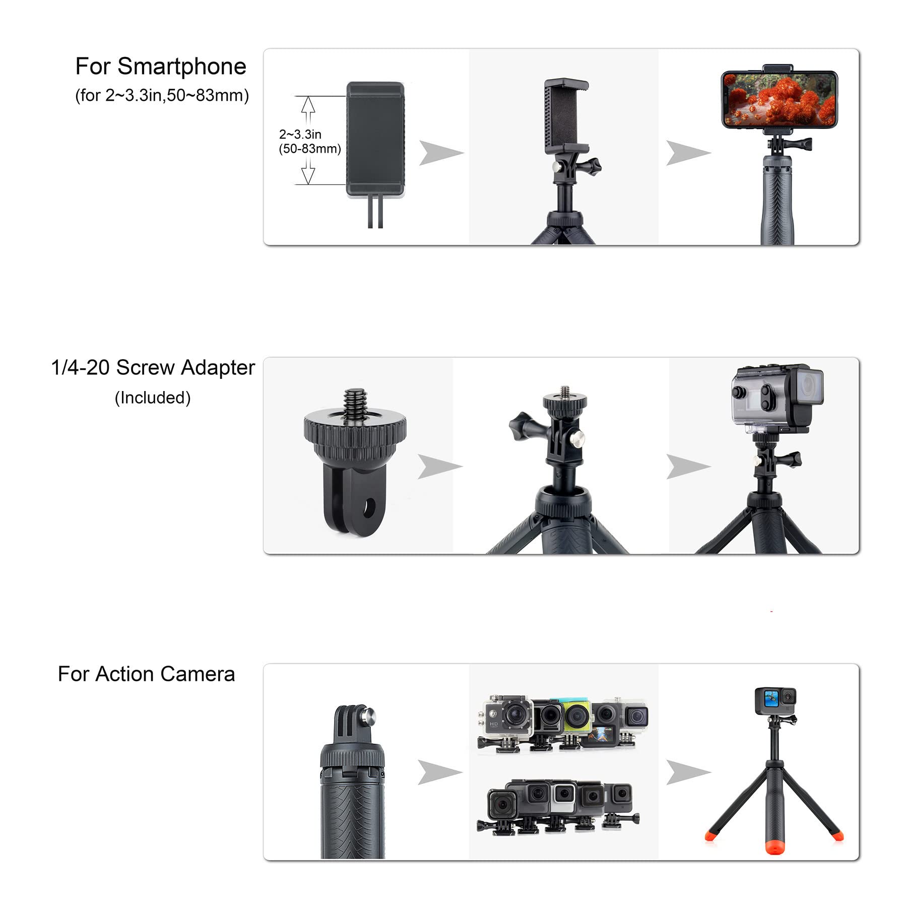 Extendable Selfie Stick with Tripod Stand - 3-in-1 Multi-Function Handheld Monopod for GoPro Hero 3 to 13/Session/2018 & Smartphones - Perfect for Travel, Vlogging, Water Sports and Outdoor Adventures