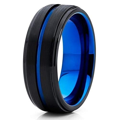 8mm Blue Tungsten Wedding Band for Men & Women - Black Tungsten Carbide Anniversary Ring with Comfort Fit - Unique Brush Finish Blue Tungsten Ring for Couples, Engagements & Special Occasions