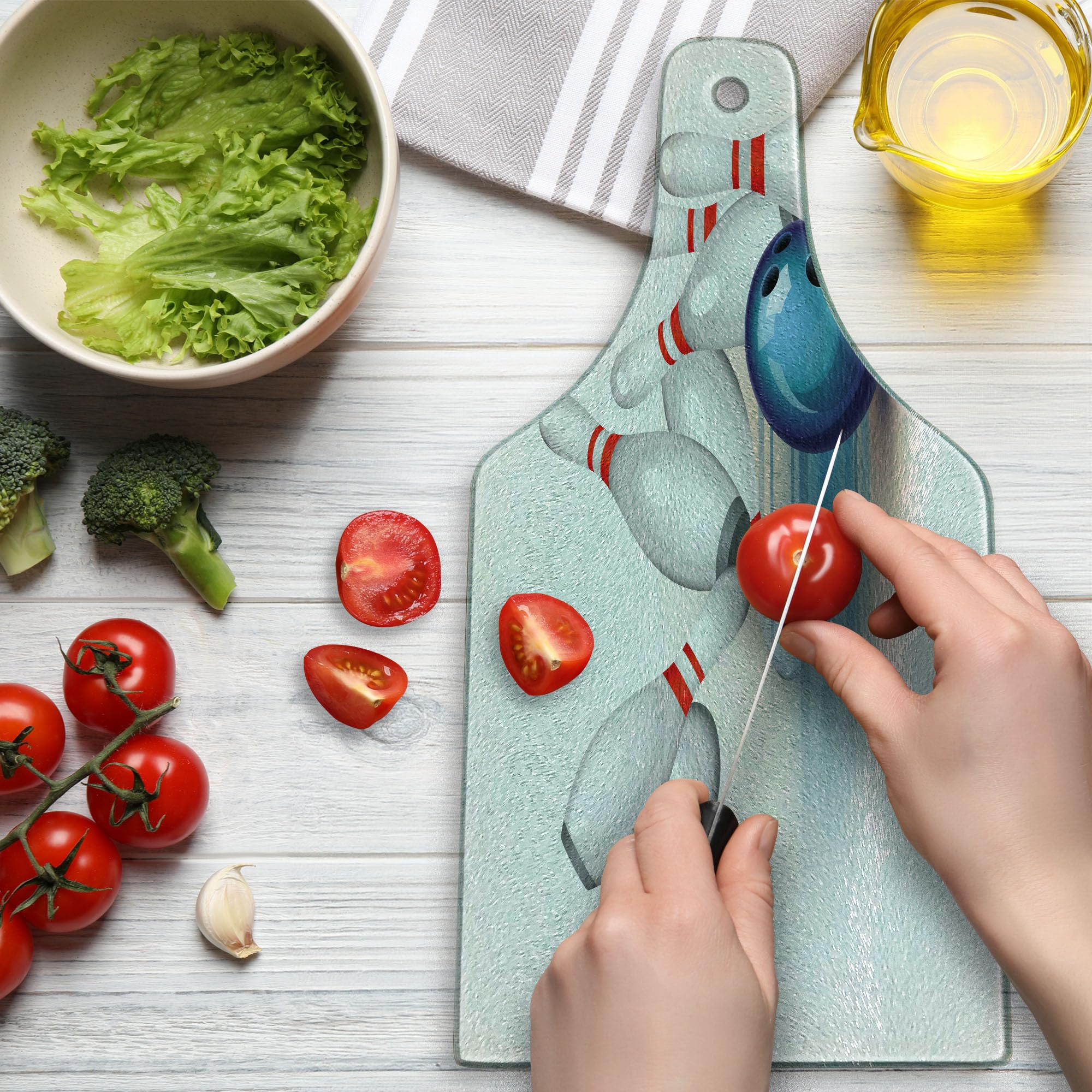 Ambesonne Bowling Party Tempered Glass Cutting Board - Wine Bottle Shape with Thrown Ball & Scattered Pins Design in White, Pale Blue & Red | Perfect for Serving Charcuterie, Cheese & Wine at Bowling-Themed Parties & Game Nights