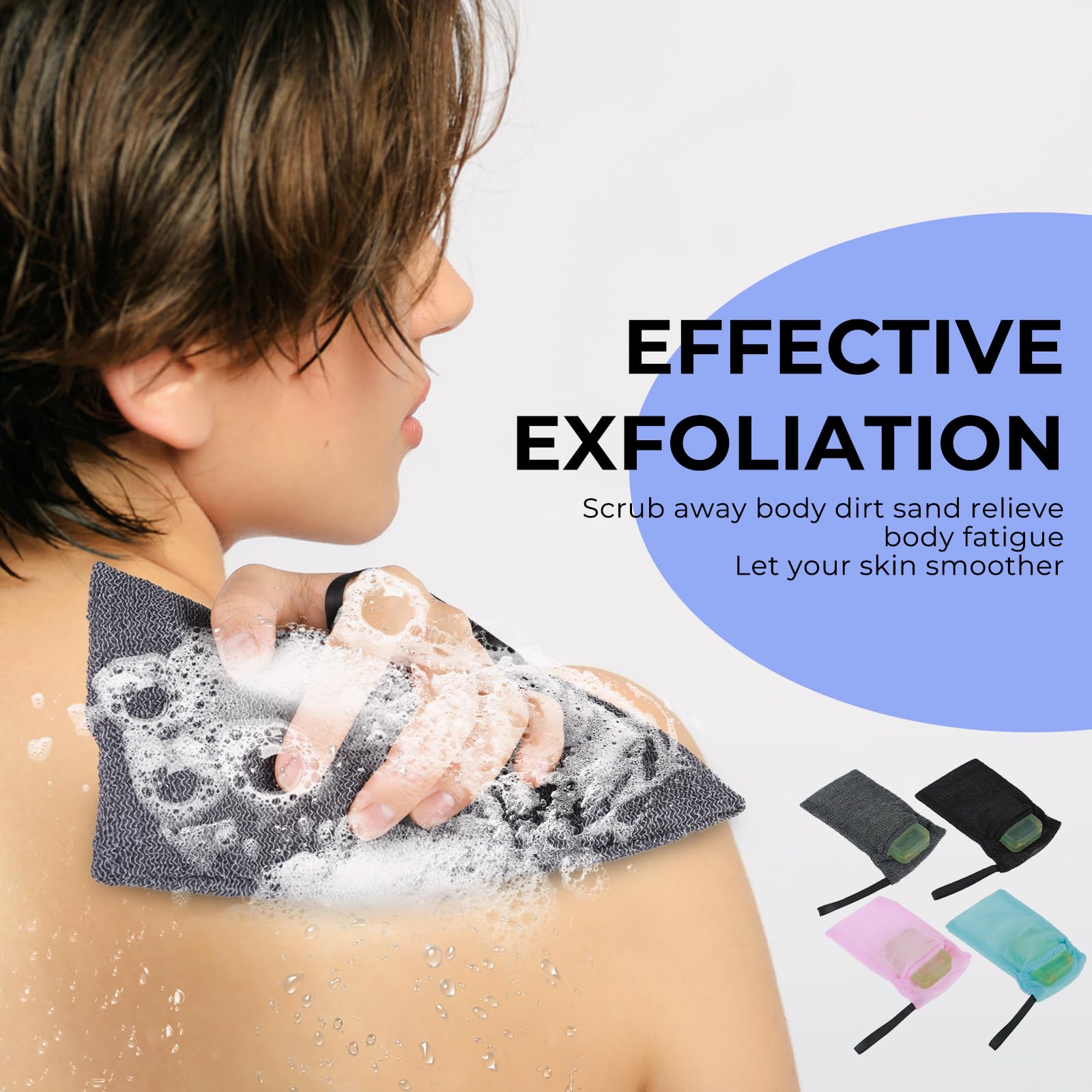 Exfoliating Soap Bag for Bar Soap - 4 Pack Soap Saver Pouch with Body Scrubber Sponge, Exfoliator for Shower & Bath - Reusable Mesh Pouch for Large Soap Bars or Leftover Bits (Grey, Blue, Pink, Black) - Perfect for Travel, Camping & Eco-Friendly Bath Routine