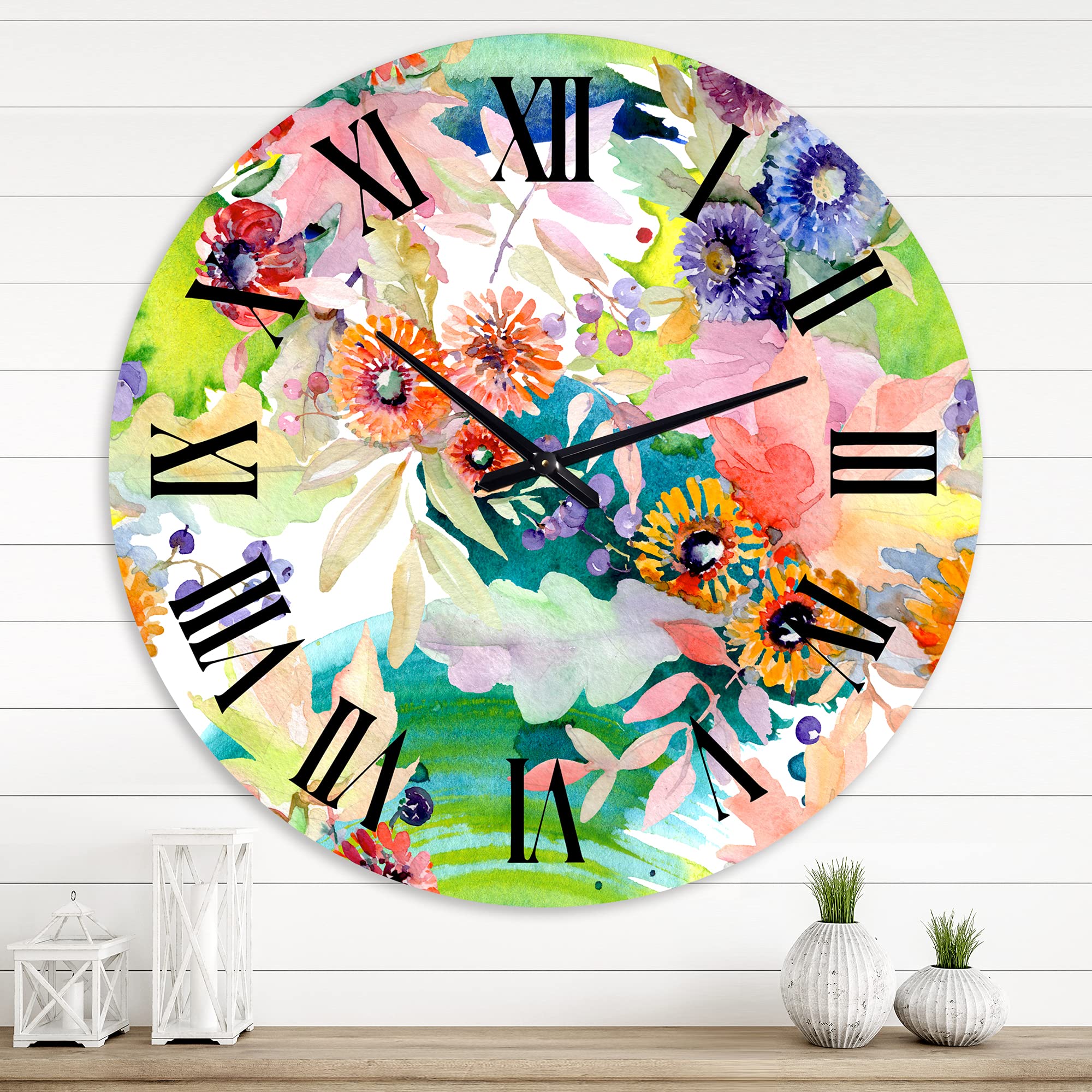 Vibrant Wild Spring Leaves & Wildflowers II - Large Traditional Wall Clock for Home & Office Decor | Floral Botanical Clock | Perfect for Living Room, Bedroom & Workspace