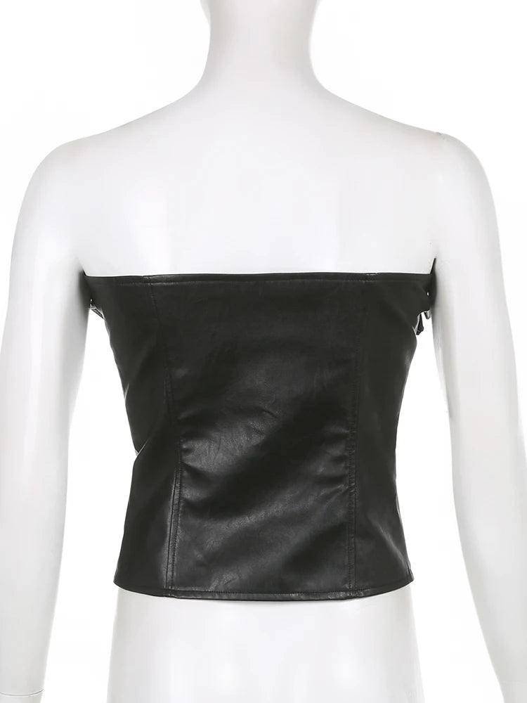 Sexy Asymmetrical PU Leather Strapless Crop Top for Women - Clubwear, Bodycon Vest, Party Tube Top | Perfect for Night Out, Clubbing, and Festivals