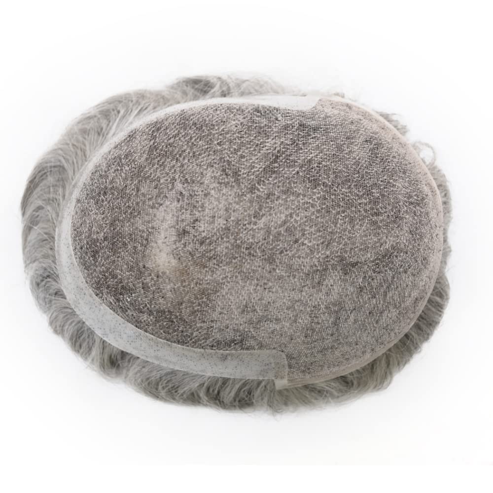 Men's Swiss Lace Toupee - 100% Human Hair Replacement System with PU Bleached Knots & Natural Hairline | 8''x10'' Light Medium Density Wig in 1B80# Natural Black with 80% Gray | Perfect for Hair Loss Solutions, Daily Wear & Special Occasions - SINGA HAIR