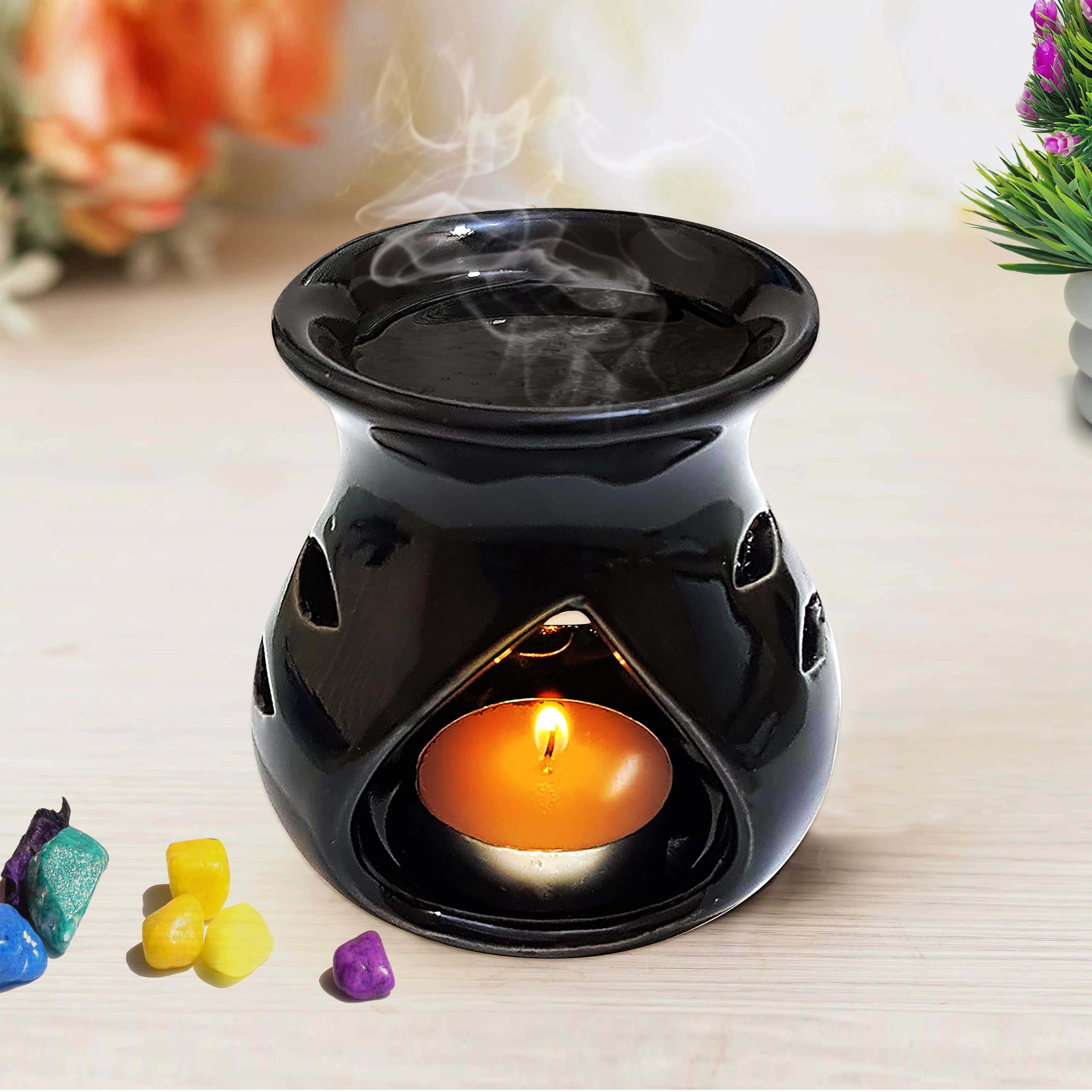 Pure Source India Ceramic Clay Candle Operated Aroma Diffuser - Black 9cm Essential Oil Burner for Home, Yoga, Spa & Meditation Relaxation