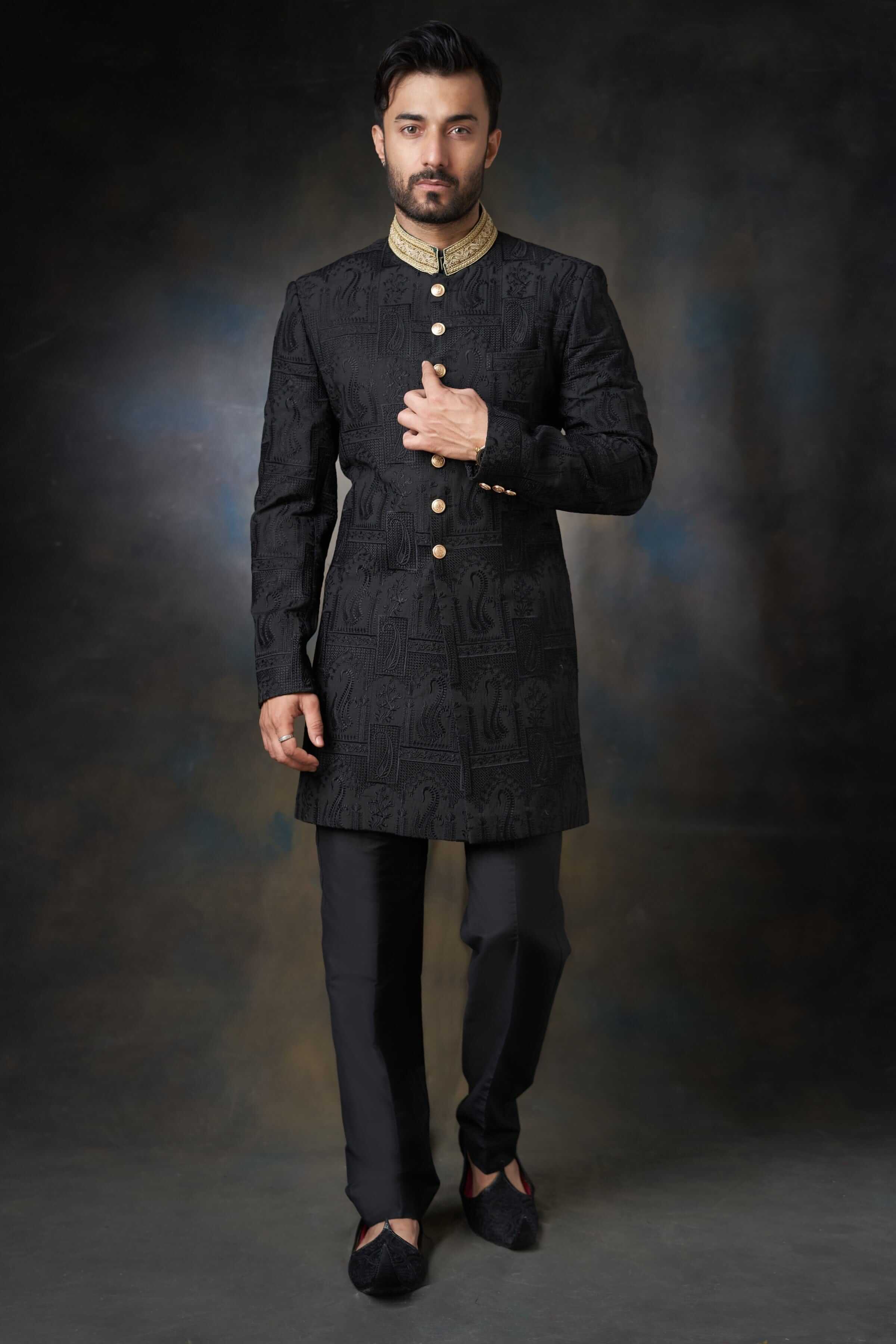 Elegant Black Thread Embroidered Silk Sherwani with Zardozi Adornments | Premium Indian Wedding Attire for Grooms | Perfect for Weddings, Festivals & Special Occasions