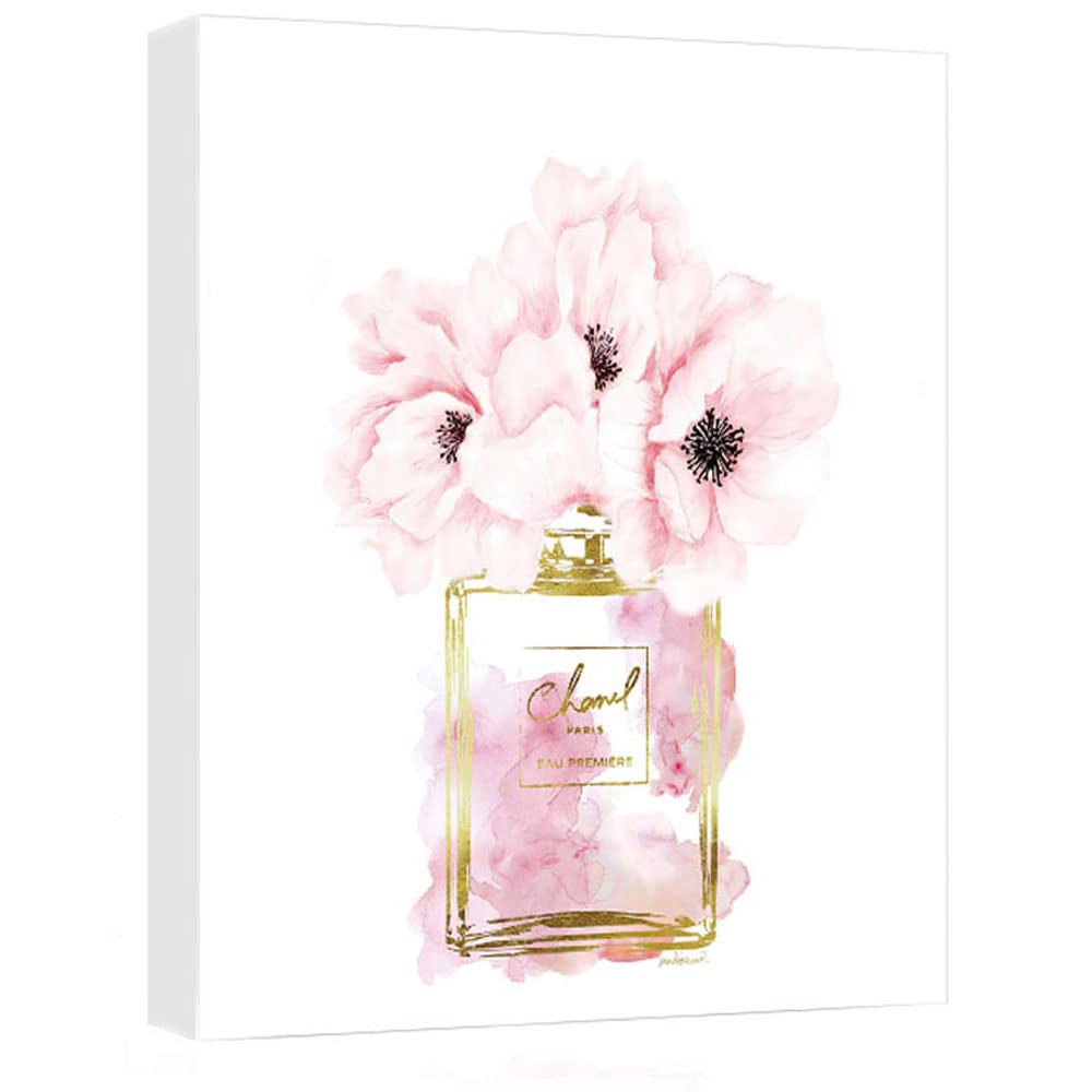 Chanel Perfume Inspired Pink Floral Gold Canvas Wall Art - Elegant Home Decor for Bedroom, Bathroom & Living Room - Perfect Gift for Women & Girls