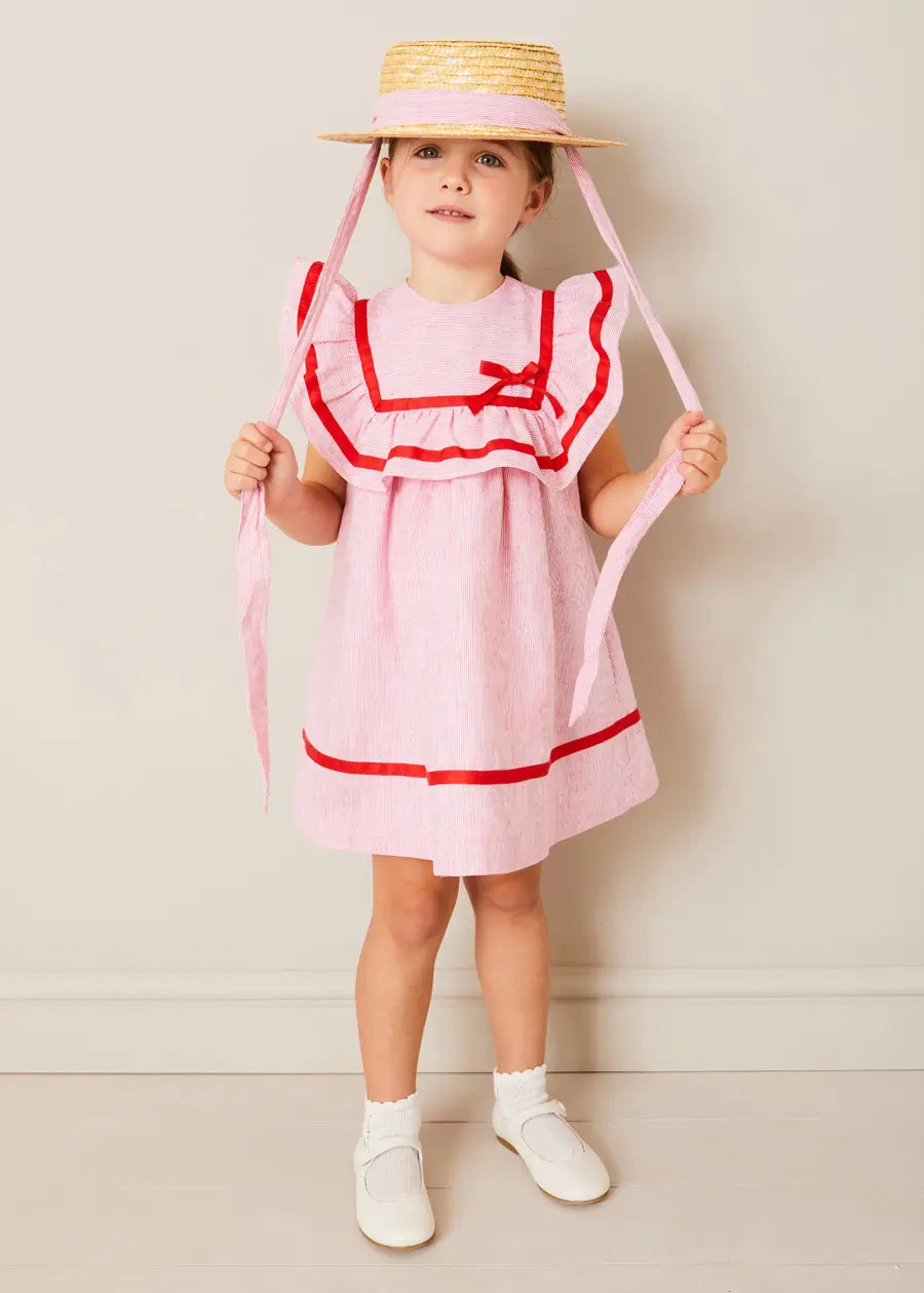 Lawrence Striped Ruffle Bib Sleeveless Dress for Girls - Red (Size 12 Months to 8 Years) | Casual Summer Outfit, Birthday Party Dress, Photoshoot Outfit, Playdate Attire