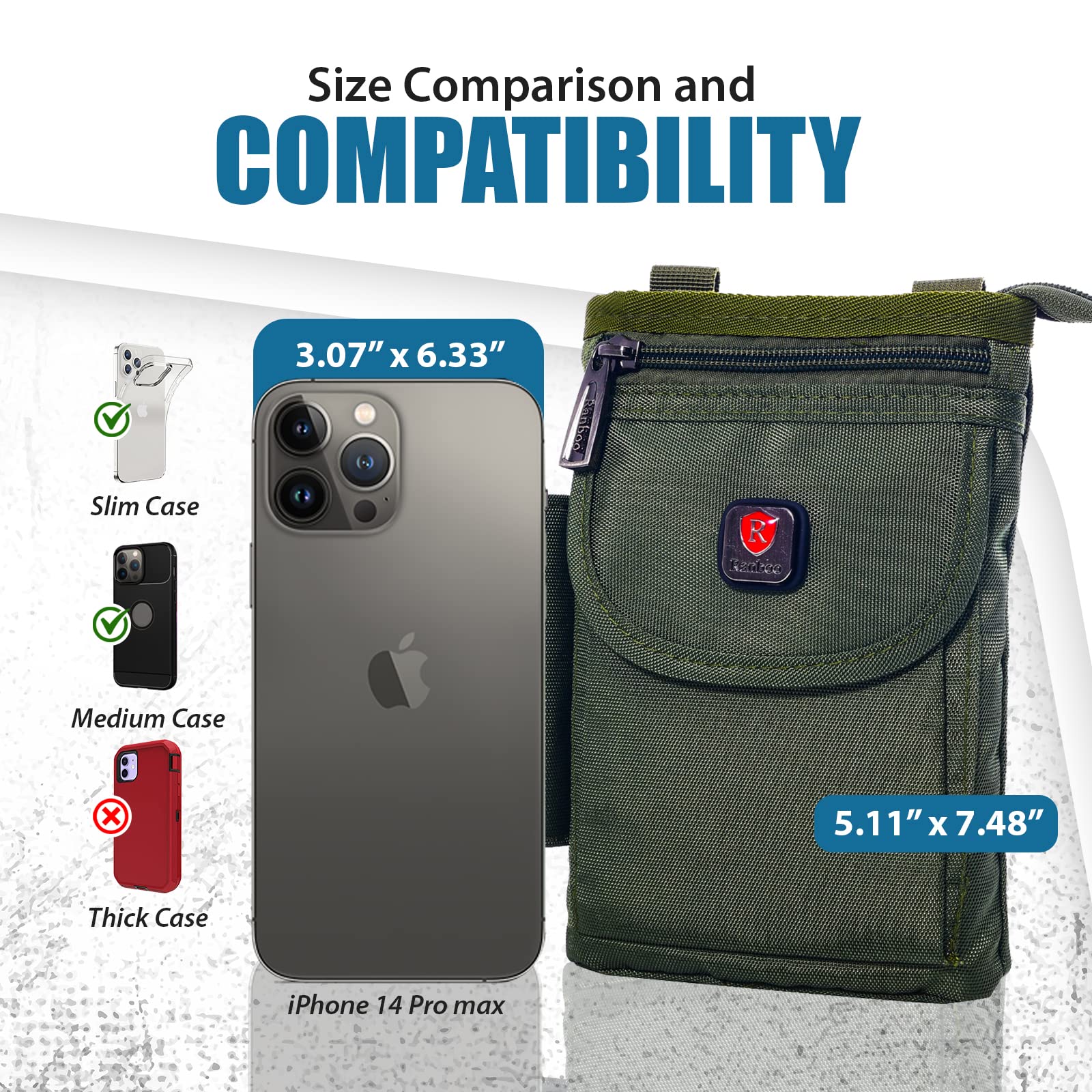 Ranboo Nylon Phone Belt Pouch for iPhone 16 Pro Max/15 Pro Max/14/13/12 Pro Max & Samsung Galaxy S25+/S24 Ultra/S23 Ultra - Crossbody Holster Case with Belt Clip - Waist Bag for Running, Hiking, Travel (Green)