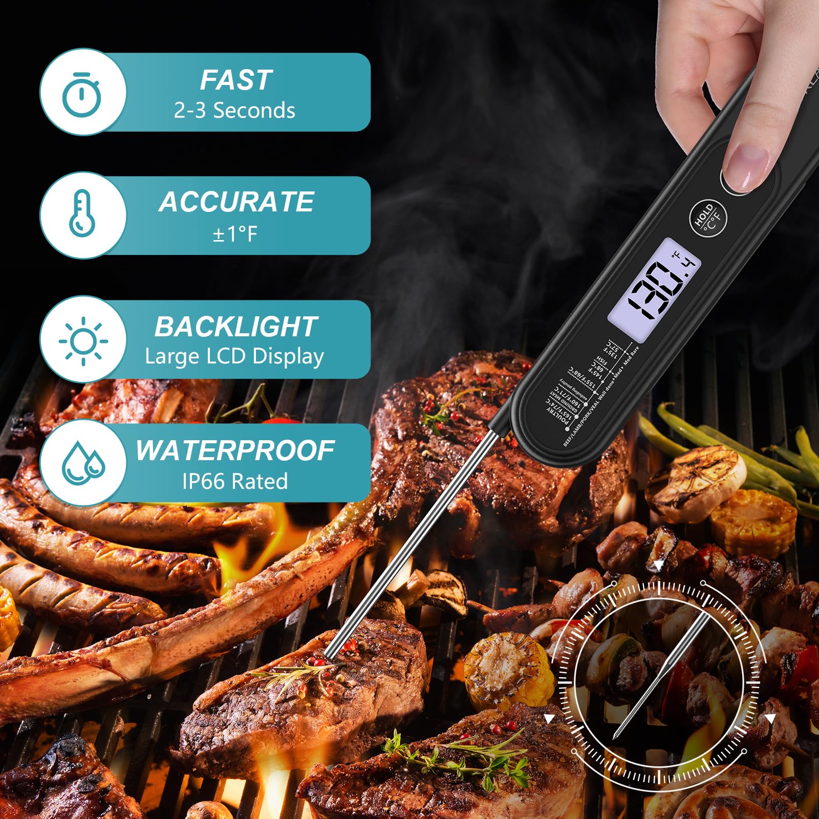 Ultrean Digital Meat Thermometer - Instant Read Food Thermometer with Backlight & Foldable Probe | Waterproof Kitchen Thermometer for BBQ, Grilling, Frying, Baking & Candy Making | Perfect for Home Cooks, Chefs & Outdoor Cooking