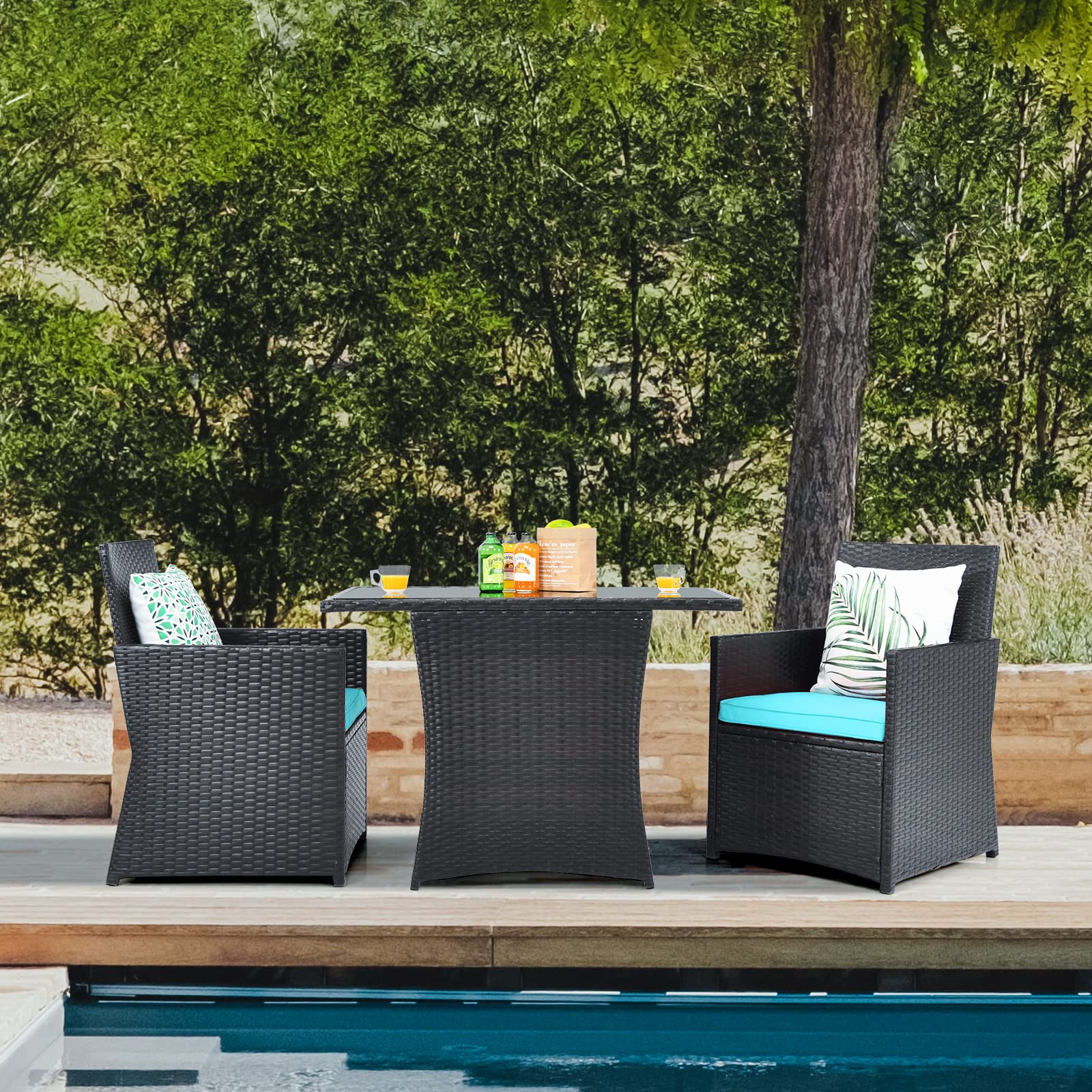 HAPPYGRILL 3-Piece Outdoor Wicker Bistro Set - PE Rattan Dining Table with Cushioned Chairs, Patio Conversation Set for Backyard, Porch, Garden & Poolside - Perfect for Outdoor Dining, Relaxing & Entertaining