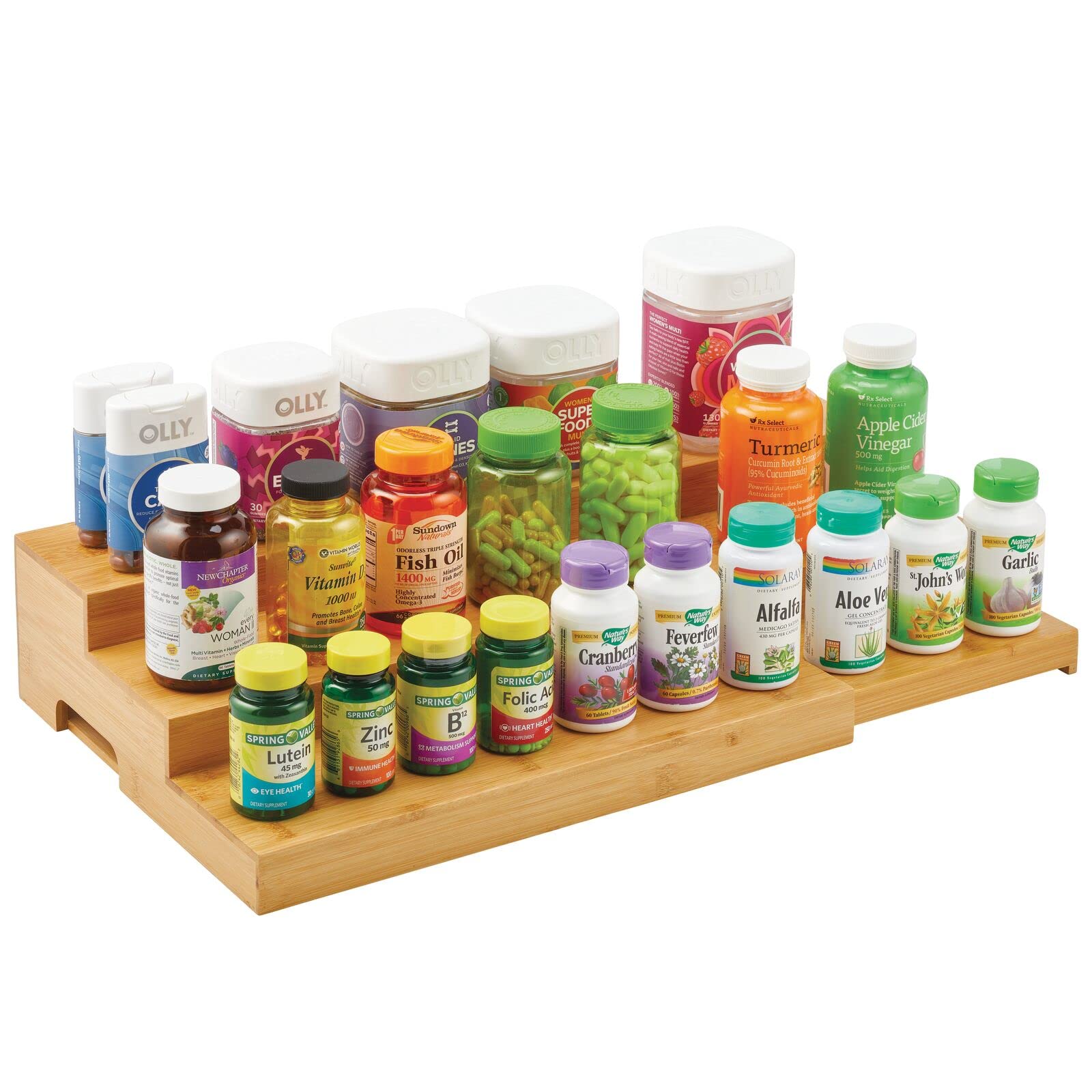 mDesign 3-Tier Bamboo Spice Rack Organizer - Adjustable & Expandable Kitchen Cabinet Storage for Spice Jars - Countertop & Pantry Shelf Organizer - Natural Echo Collection - Perfect for Small Spaces & Spice Organization