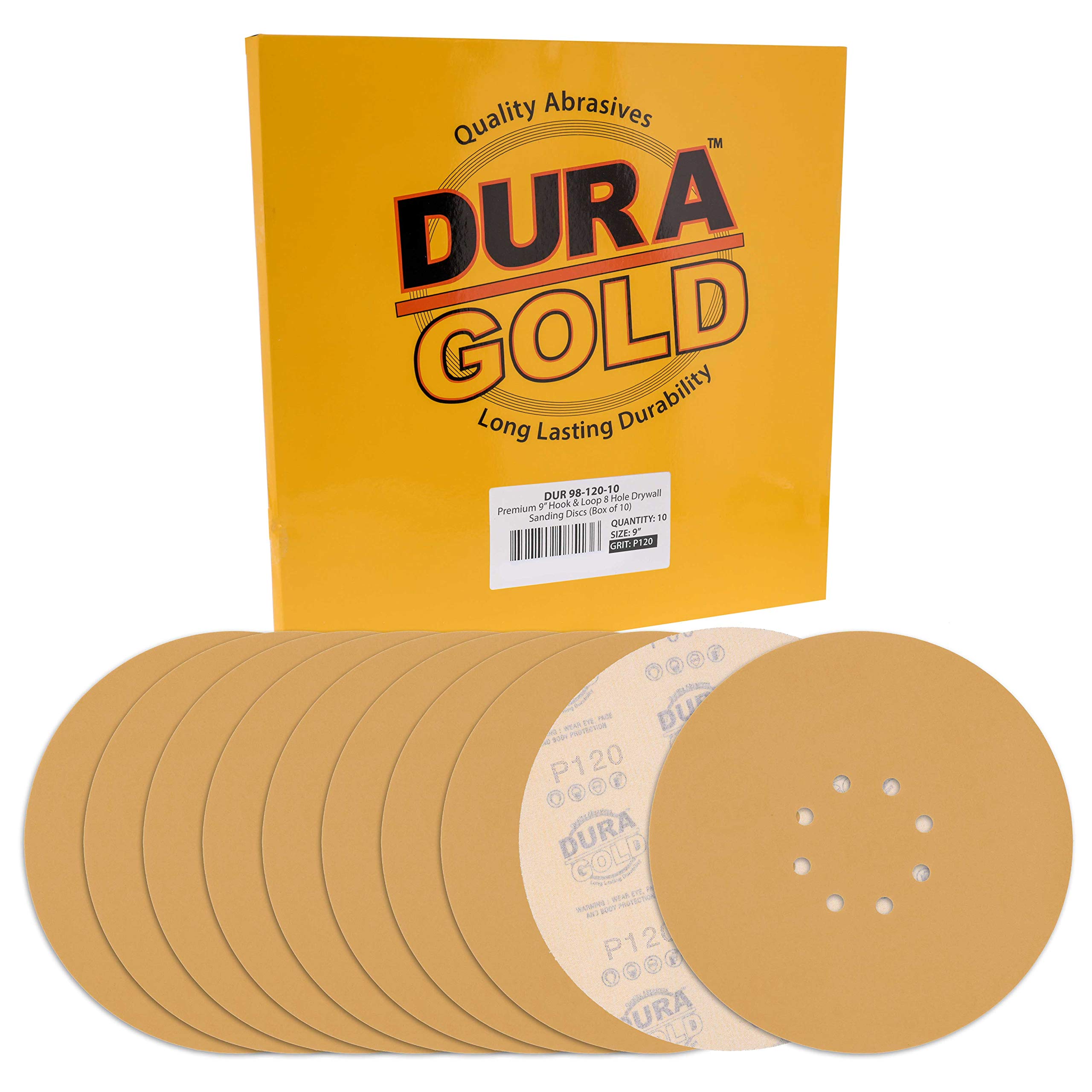 Dura-Gold Premium 9 Inch 120 Grit Drywall Sanding Discs - 10 Pack with Hook & Loop Backing - Fast Cutting Aluminum Oxide Sandpaper for Power Sanders - Ideal for Drywall, Wood Sanding & Surface Preparation