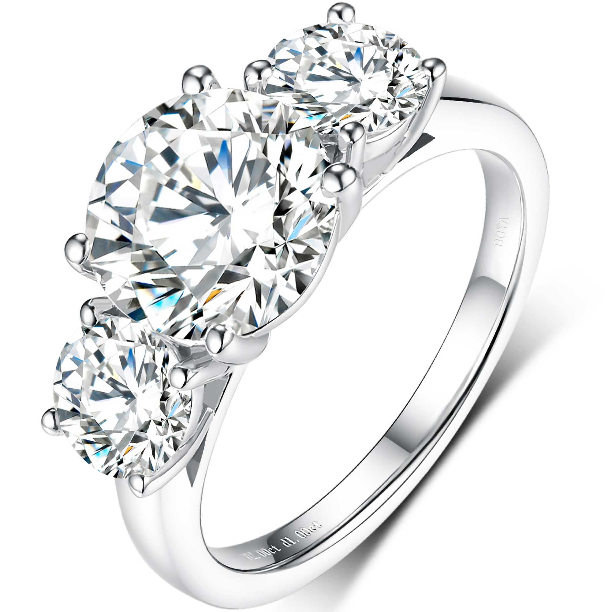 Boya 2.66-3ct Moissanite Engagement Ring for Women, Three Stone 18K White Gold Plated Silver Ring, D Color VVS1 Clarity - Perfect for Wedding Proposals, Anniversaries & Promise Rings | Elegant Jewelry Gift for Her