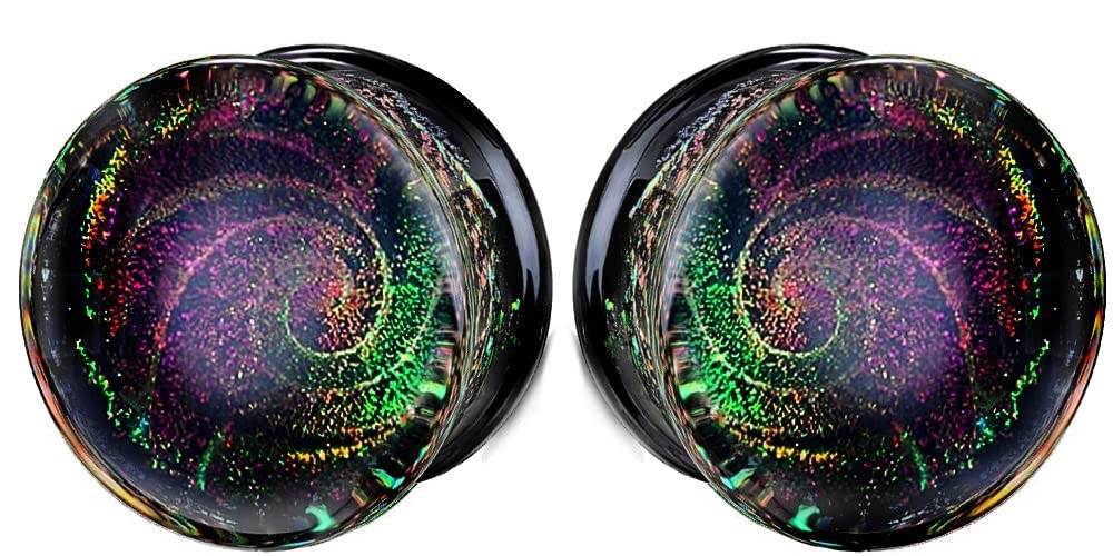 Sparkle Galaxy Double Flared Glass Plugs - 16mm Stretching Ear Gauges for Women & Men, Hypoallergenic Body Jewelry for Ear Stretching - Perfect for Daily Wear, Parties & Alternative Fashion