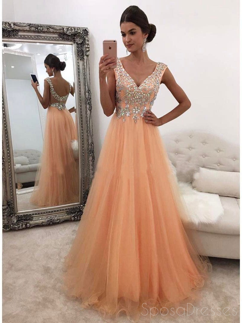 Elegant Peach V-Neck Rhinestone Low Back Tulle A-Line Long Prom Dress for Evening Gala & Special Occasions - Custom Made Formal Gown for Women (Style 17398)
