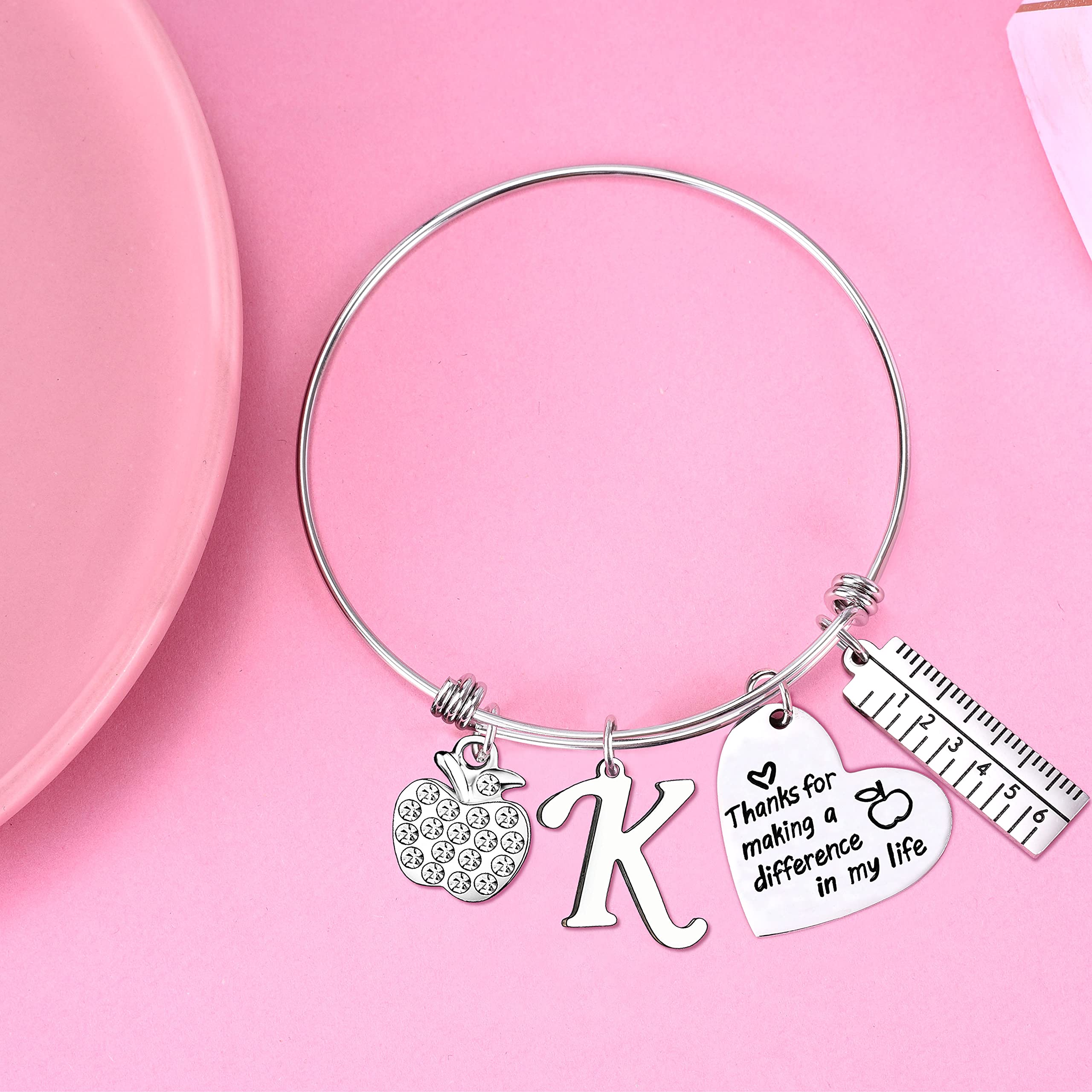 Personalized Teacher Initial Bangle Bracelet - Thoughtful Teacher Appreciation Gift for Women - Perfect Thank You Gift for Educators, Mentors & Professors - Ideal for Teacher's Day, Retirement & End of Year Gifts