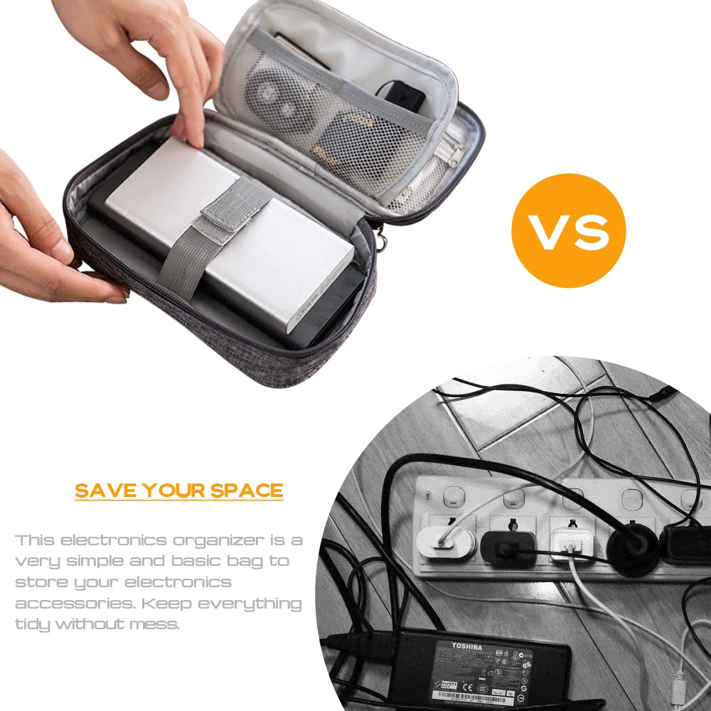 Portable Electronic Organizer Bag - Travel Cable Cord Organizer Case Pouch for Charger, Hard Drive, Earphones, USB & SD Cards - Compact & Durable (Grey) | Perfect for Travel, Office & Home Storage