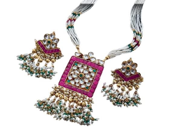 Beautiful Pink Kundan Stone Pendant Necklace Set with Matching Earrings - Handcrafted Jewelry for Women, Bridal, Party & Special Occasions