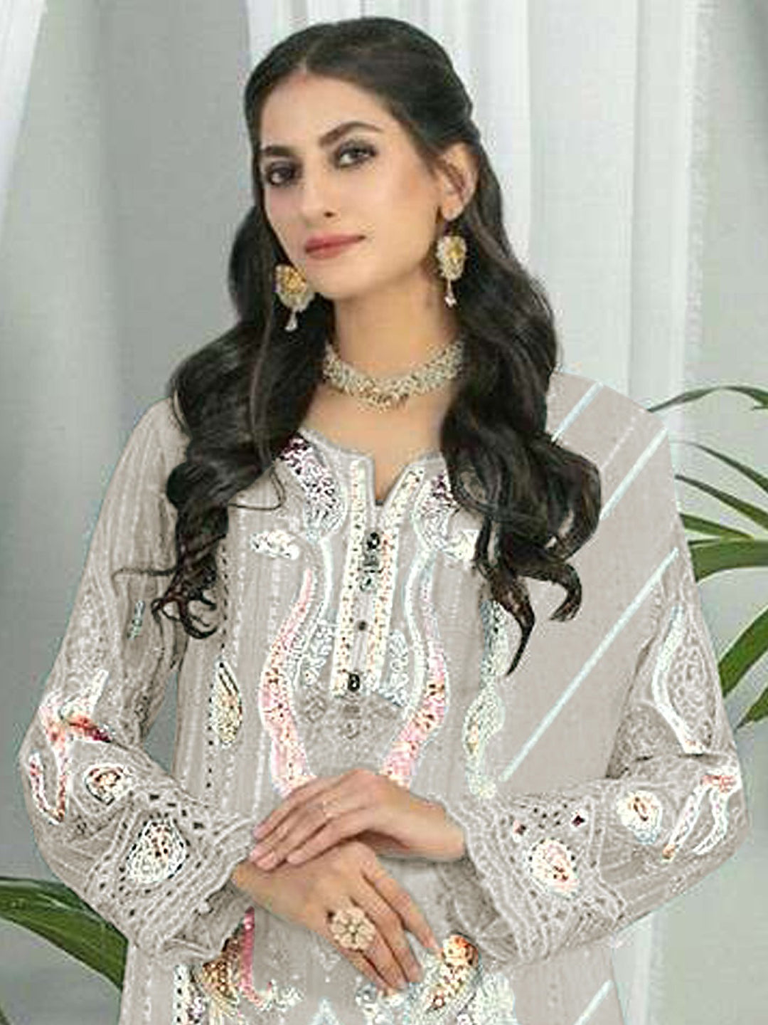 Elegant Beige Georgette Semi-Stitched Pant Suit with Embroidery & Sequins - Perfect for Weddings, Parties & Special Occasions