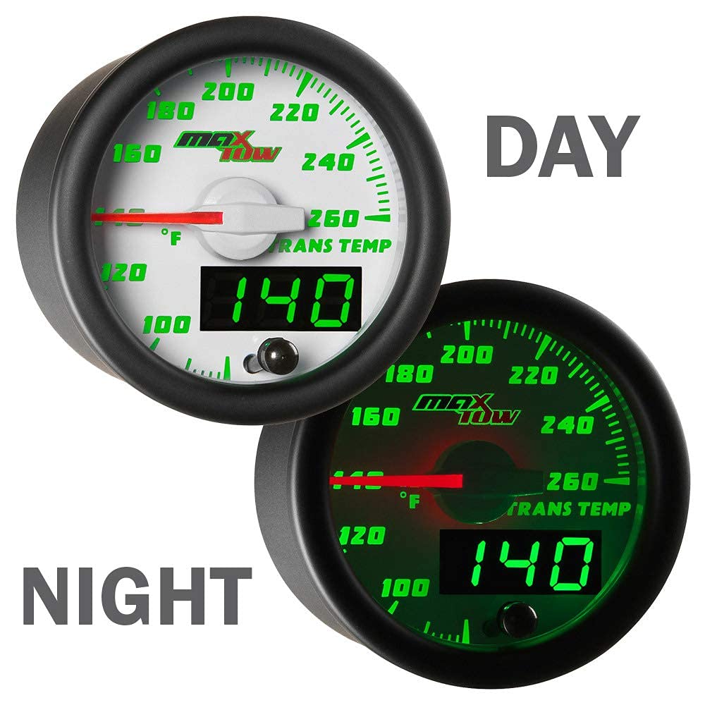 MaxTow Double Vision 260F Transmission Temperature Gauge Kit with Electronic Sensor - White Face, Green LED Backlight - Analog & Digital Display - 2-1/16