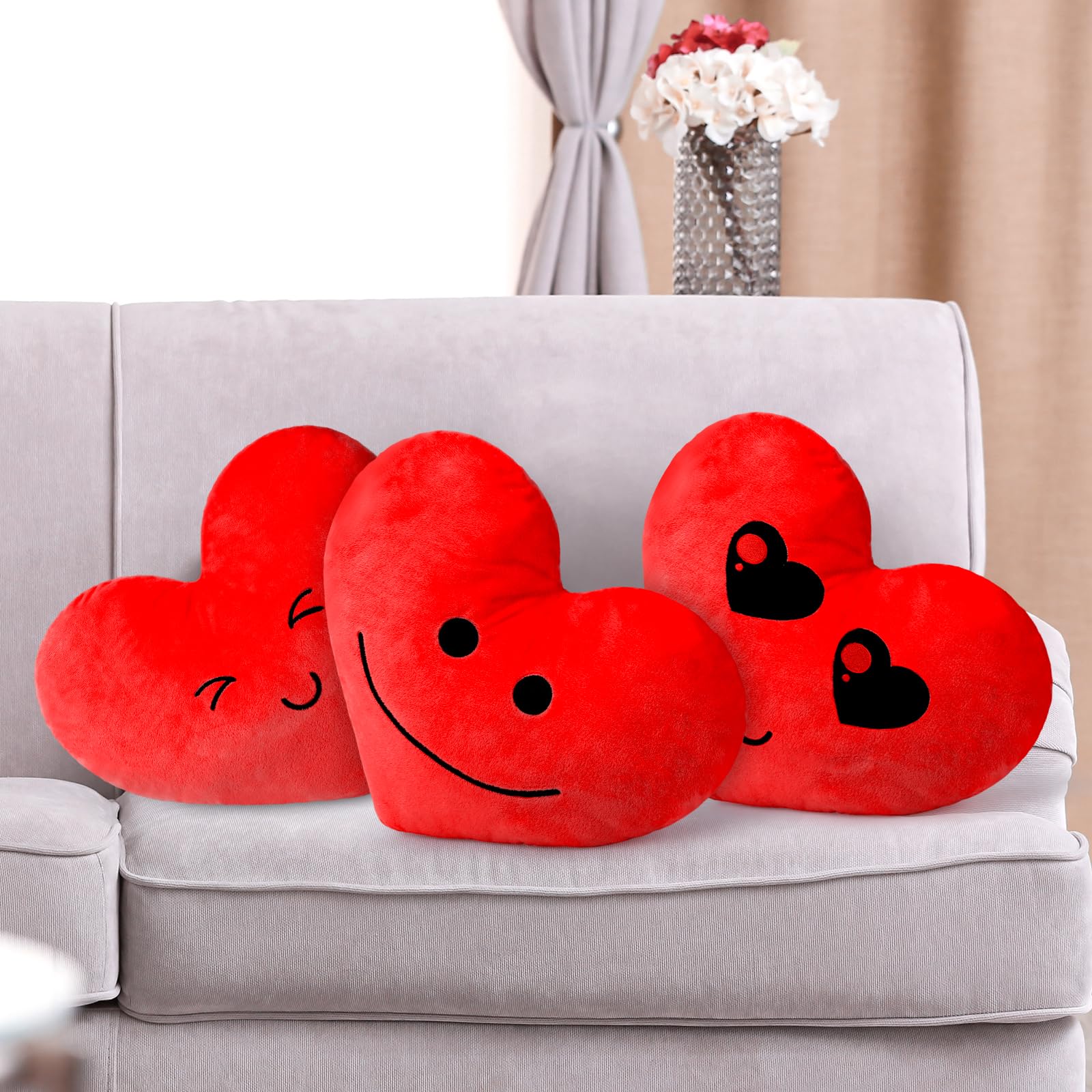 3 Pcs Heart Shaped Throw Pillows - Soft Fluffy Plush Cushions for Valentine's Day Gifts, Decorative Heart Pillows for Bed, Sofa, Couch - Perfect for Boys, Girls, Teens, Men & Women (Red) - Great for Home Decor, Romantic Gifts & Cozy Living Room Accents