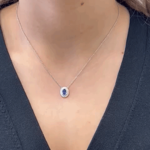 Elegant 18K Gold Oval Blue Sapphire & Diamond Double Halo Necklace (0.73ct) - Perfect for Weddings, Anniversaries & Special Occasions