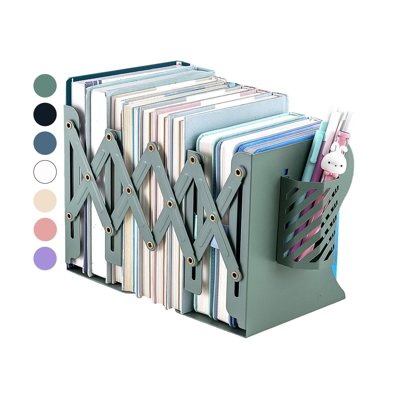 Kingsmile Metal Bookends for Heavy Books - Sturdy Book Stoppers for Shelves, Kids Room, Home Office, Classroom & Library - Includes Removable Pen Holder (Green) - Perfect for Organizing Textbooks, Cookbooks & Decorative Displays