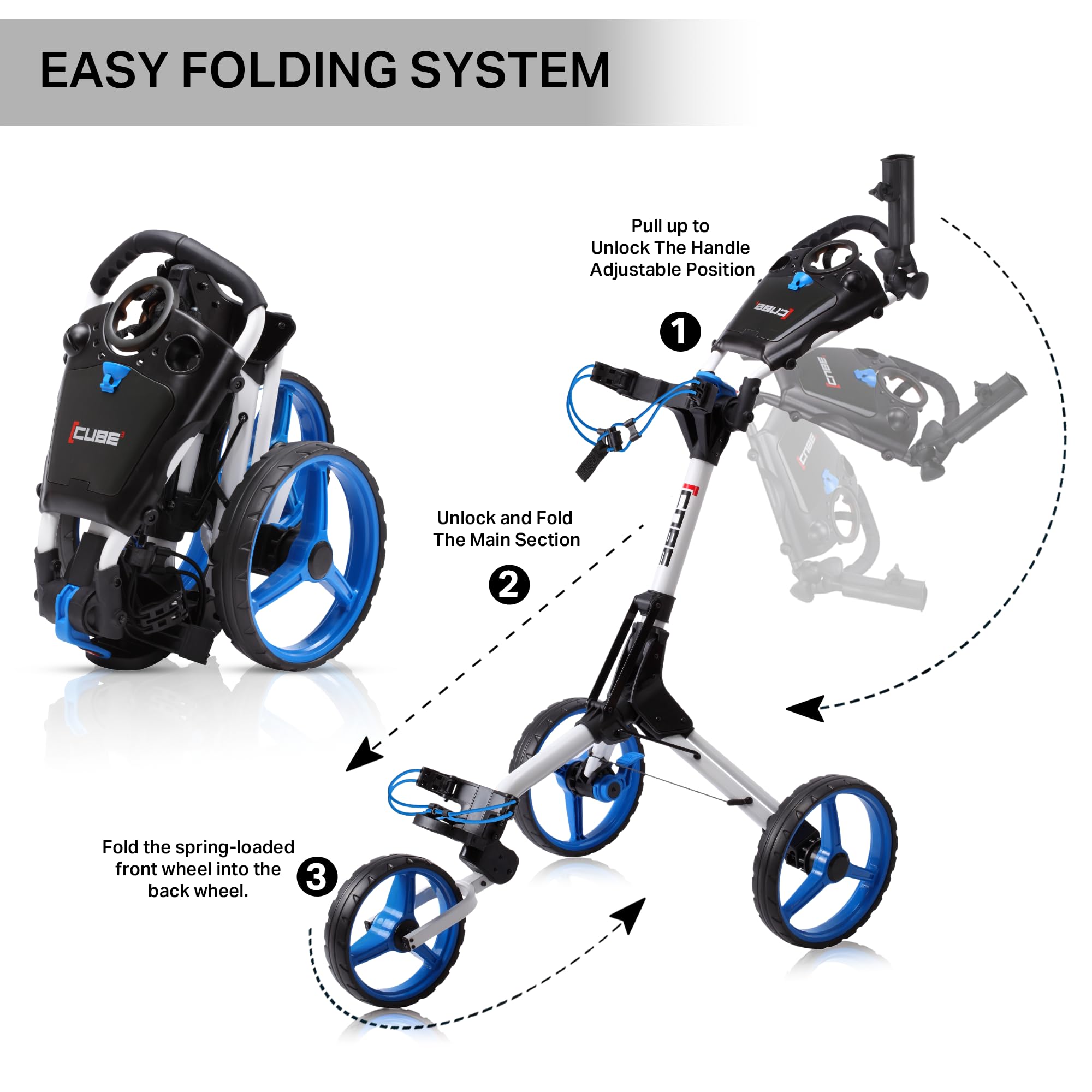 3 Wheel Push Pull Golf Cart - Compact Folding Lightweight Golf CART for Adults - Easy Two Step Open/Close Design - Choose Your Color - Perfect for Golf Courses, Parks & Outdoor Activities