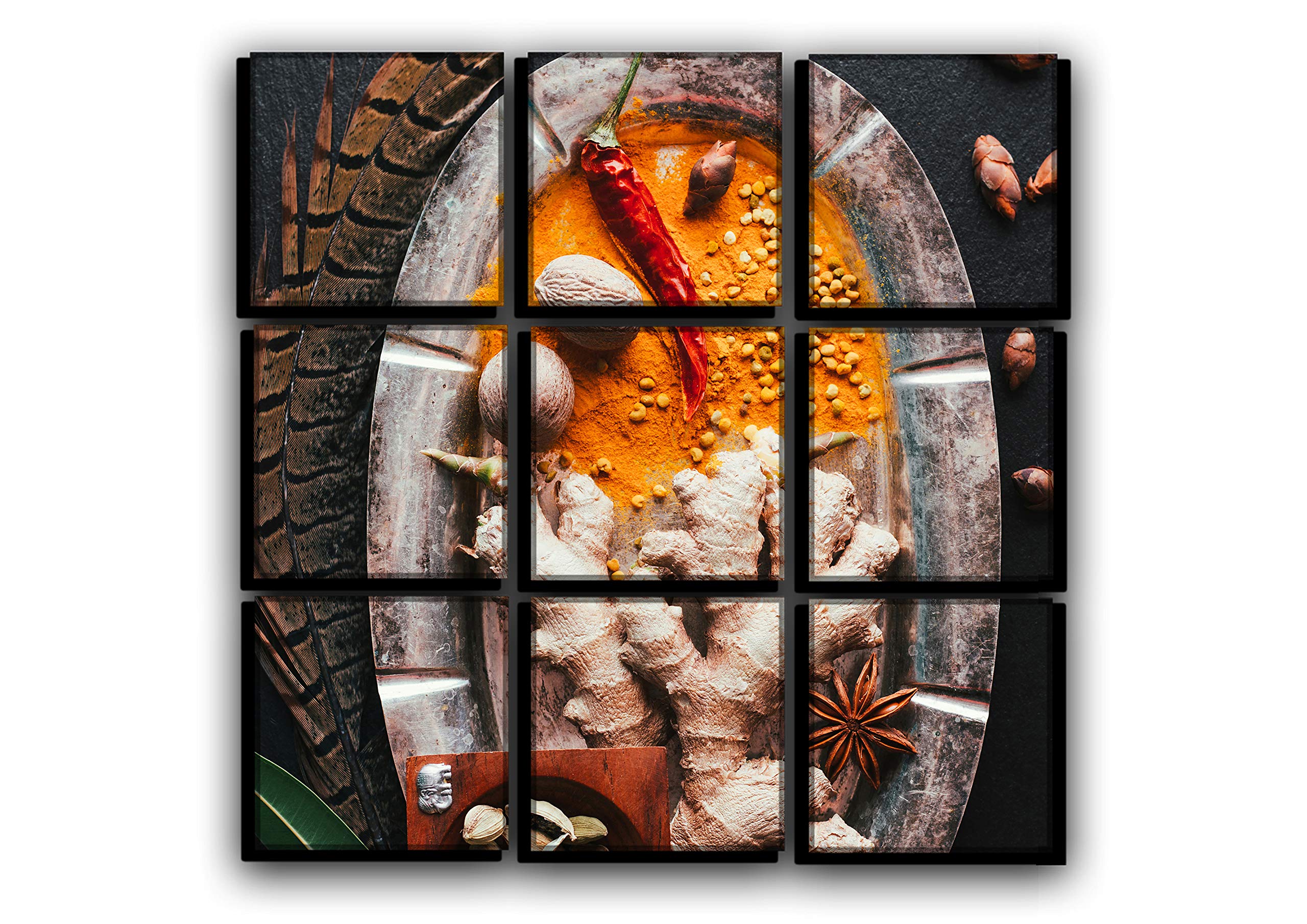 9-Piece Spice & Herb Wall Art Set - Canvas Kitchen Decor Painting with Pepper & Condiments - 30x30 Inch Food Theme Wall Decoration for Dining Room & Restaurant