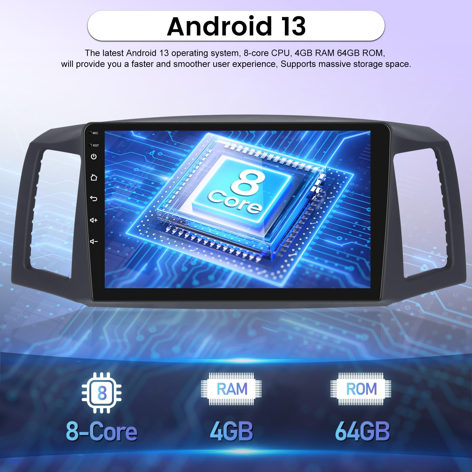 8-Core 4+64GB Android Car Stereo for Jeep Grand Cherokee 2004-2007 - 10.1 Inch IPS Touchscreen (1280x720) - Wireless CarPlay & Android Auto - DSP 32EQ / WiFi/GPS + AHD Backup Camera - Upgrade Your Ride with Smart Navigation & Entertainment