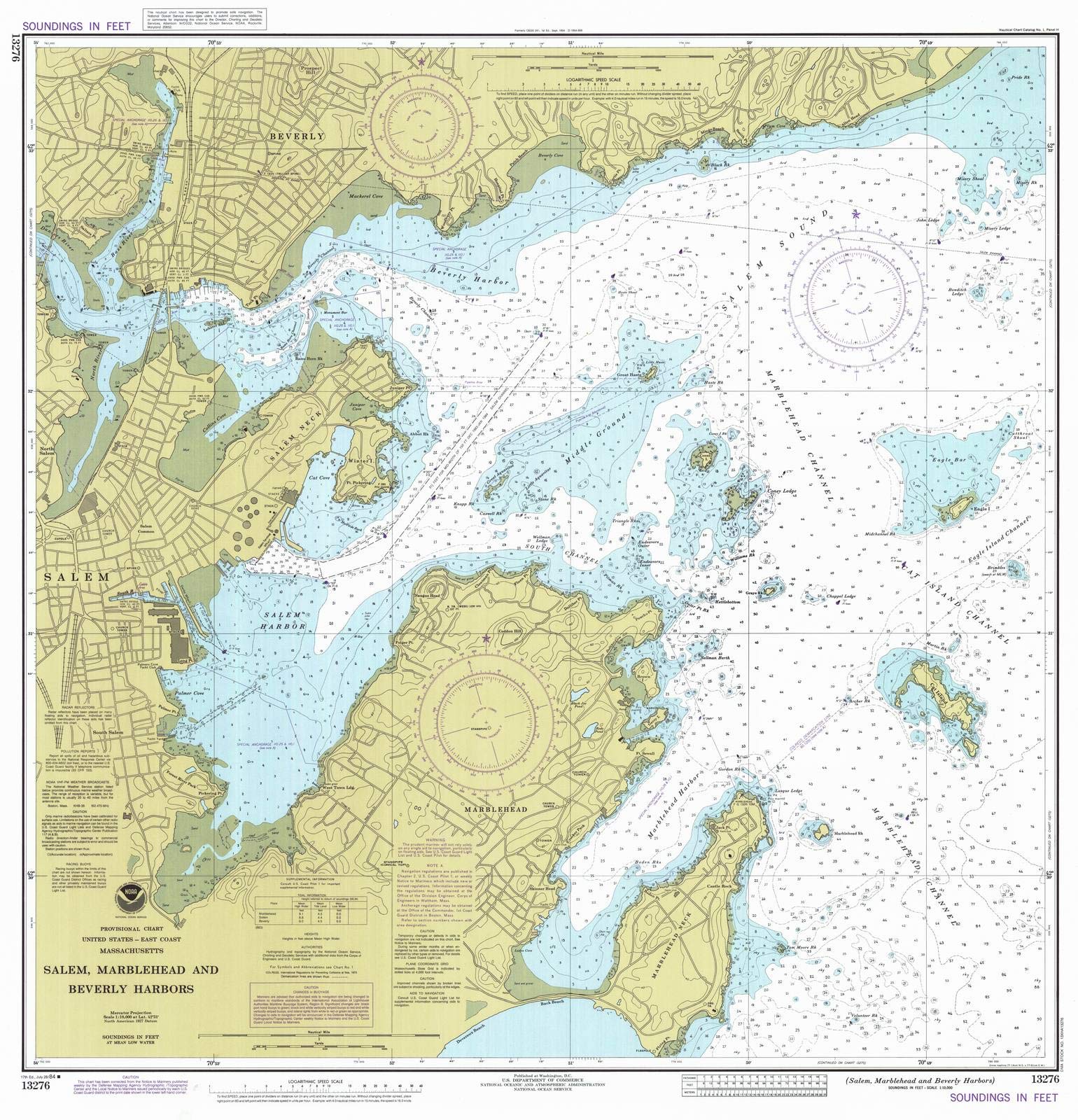 Vintage 1984 NOAA Nautical Chart Wall Art - Historic Pictoric Map of Salem, Marblehead & Beverly Harbors, Massachusetts (MA) - 36x36 Inch Coastal Decor for Home, Office or Nautical-Themed Rooms