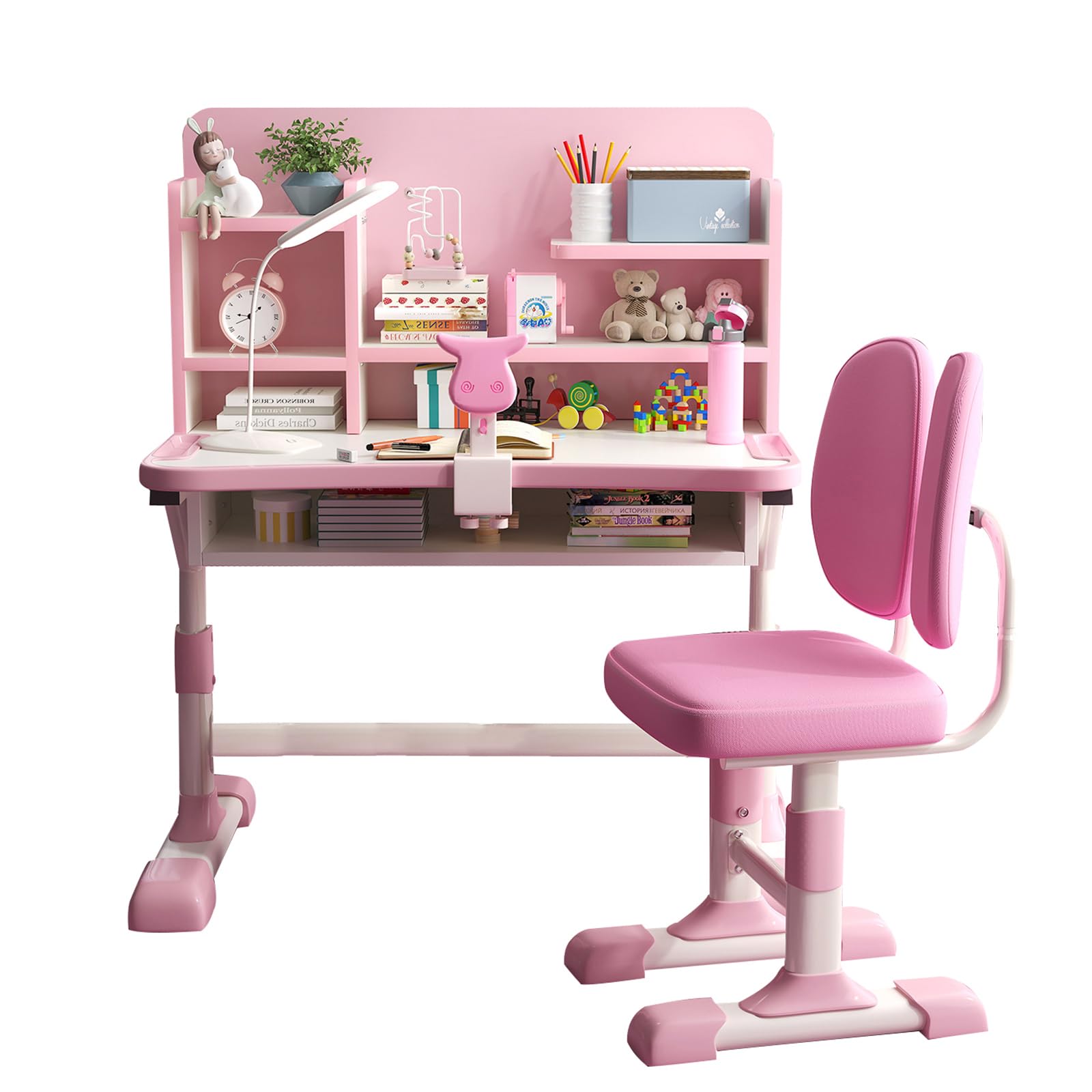Topjia Kids Desk and Chair Set - Wooden Study Table & Chair with Drawer & Bookshelf Hutch - Ergonomic Writing Computer Workstation for Boys & Girls (31.5