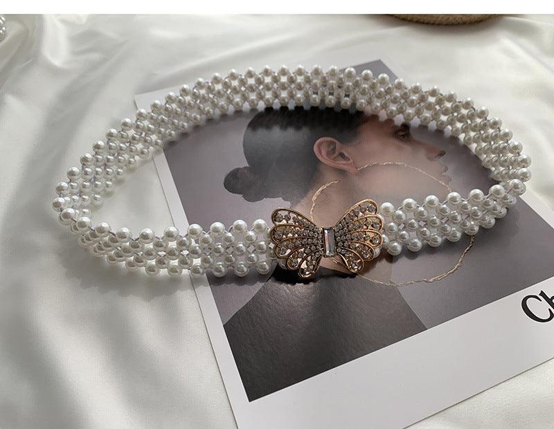 WG06 Elegant Pearl & Diamond Stretch Belt with Embellished Buttons - Perfect for Weddings, Parties & Formal Occasions