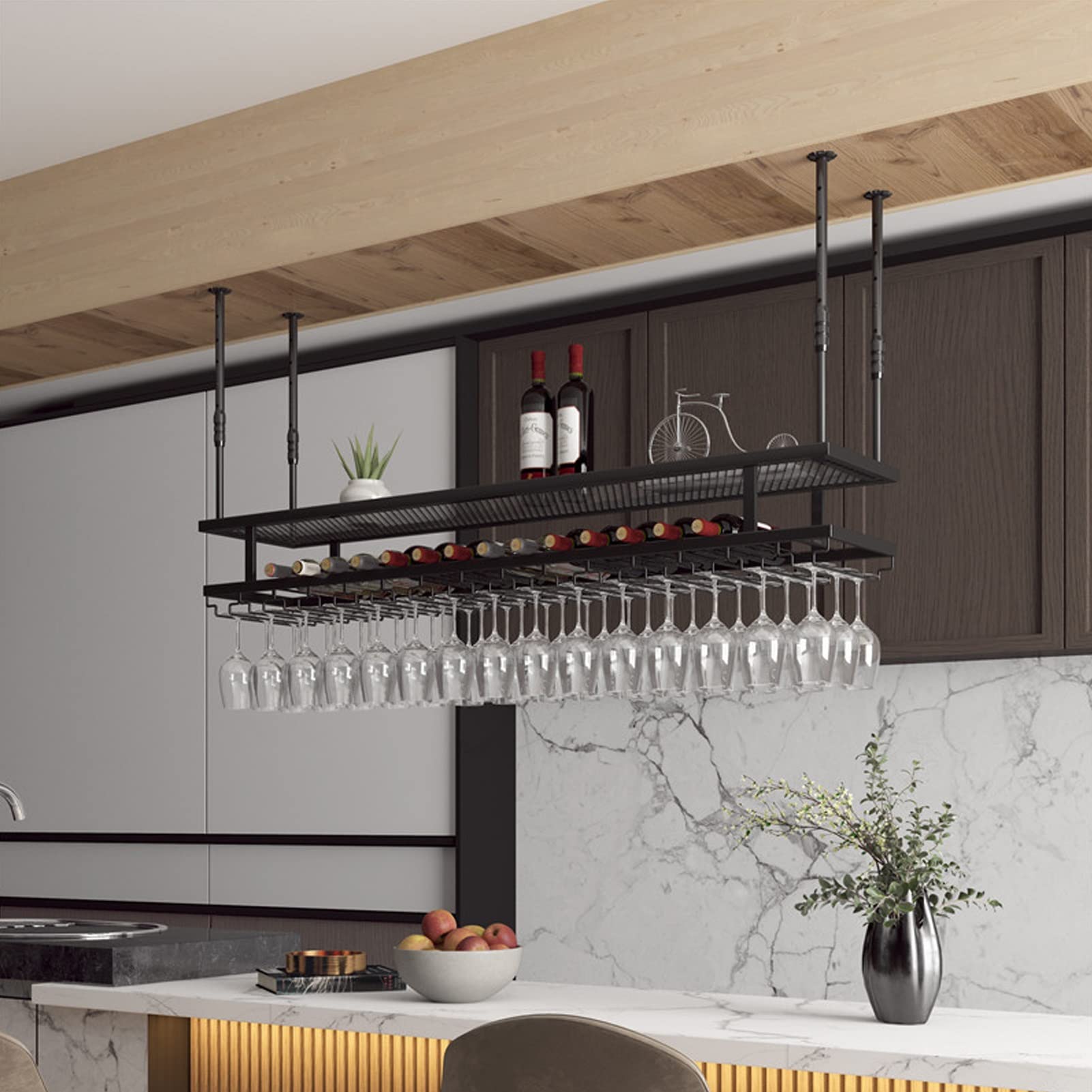 **2-Tier Wrought Iron Ceiling Wine Rack - Hanging Wine Bottle & Glass Holder (80x30cm) - Kitchen Decor & Champagne Stemware Storage - Perfect for Dining Rooms, Bars & Wine Cellars**