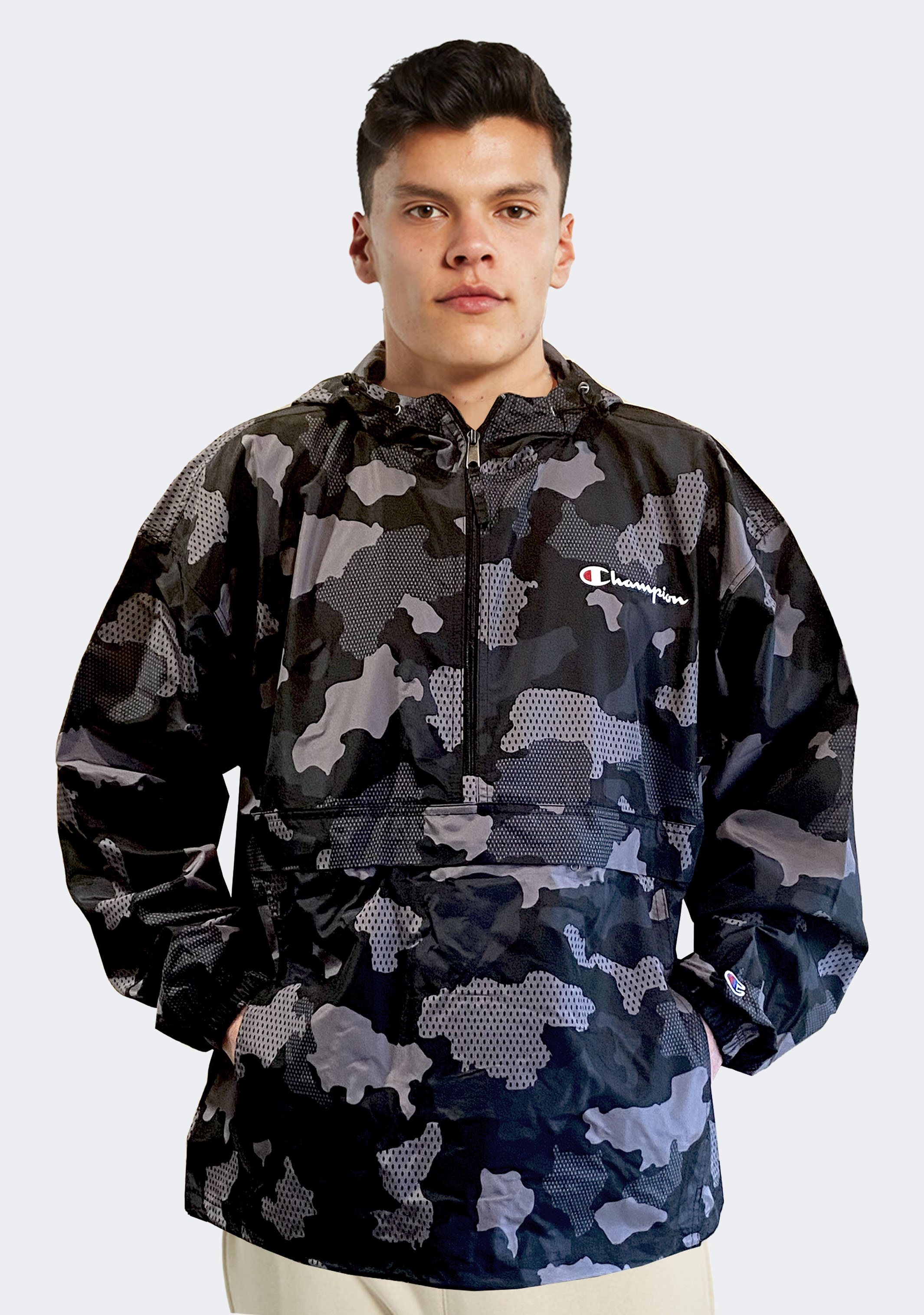 Champion Men's US Quarter Zip Grey Camo Packable Jacket - Lightweight Water-Resistant Fleece Pullover for Outdoor Hiking, Camping & Casual Wear
