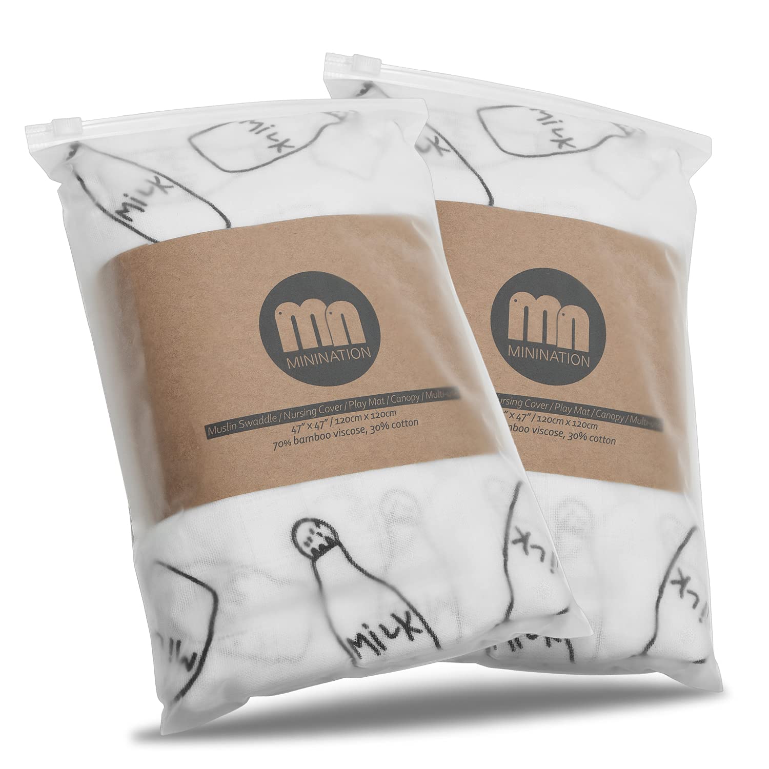 Ultra Soft Bamboo Viscose Muslin Swaddle Blankets for Newborns - 2 Pack Breathable Baby Receiving Blankets | 70% Bamboo Viscose, Hypoallergenic & Gentle on Skin | Perfect for Swaddling, Nursing, Stroller & Car Seat Use (Milk Print)