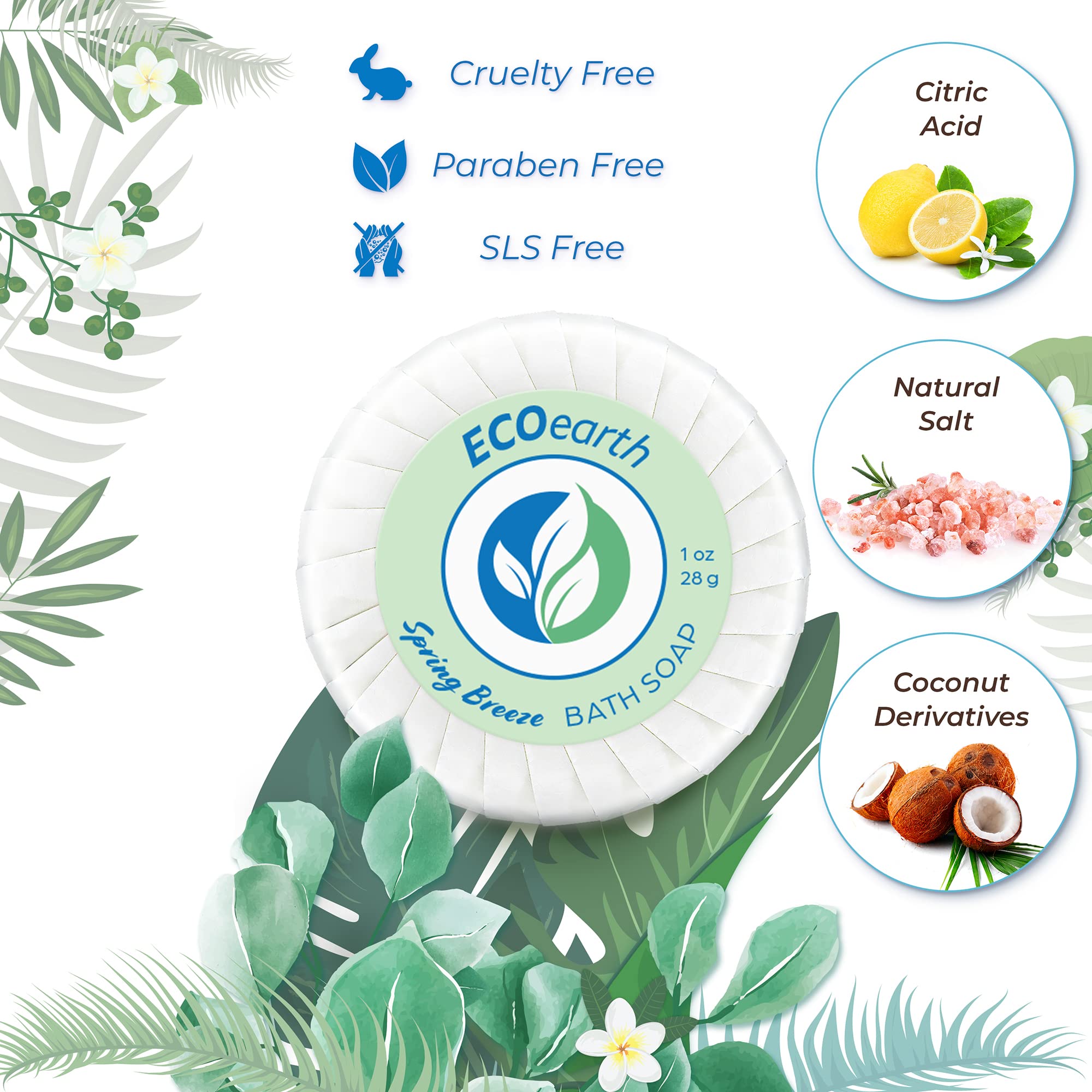 EcoEarth Bulk Hotel Toiletries Set - 100pc Mini Travel Amenities (25 Round Soap Bars, 25 Shampoo, 25 Conditioner & 25 Body Lotion) 1oz Each - Spring Breeze Scent for Hotels, Airbnb & Guest Hospitality Use