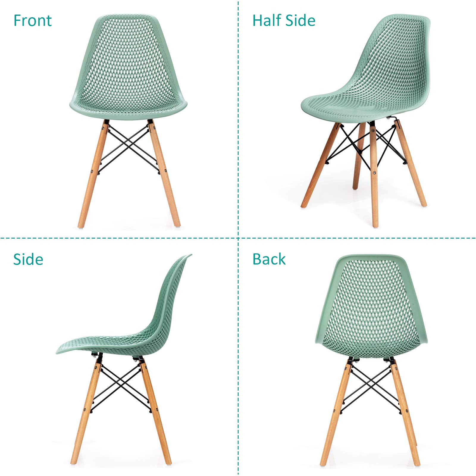 Giantex Set of 4 Modern Dining Chairs - Indoor/Outdoor Shell PP Lounge Side Chairs with Mesh Design & Beech Wood Legs - Tulip Leisure Chairs for Kitchen, Dining Room, Patio, Garden - Green