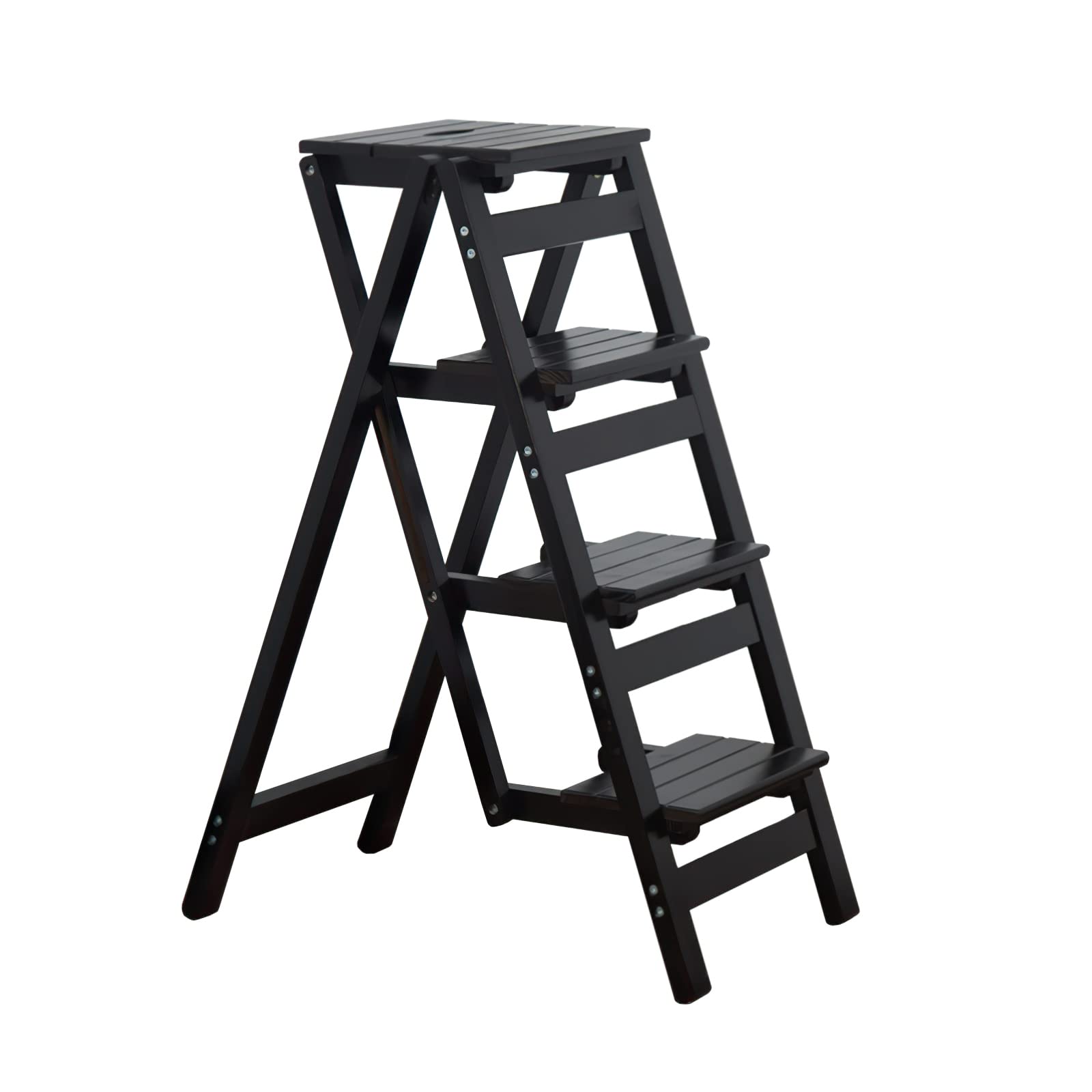 KINGBO 3-Step Folding Wooden Step Stool for Adults - Anti-Slip, Lightweight & Portable Step Ladder - Perfect for Kitchen, Bathroom, Garage and Home Office (Black)