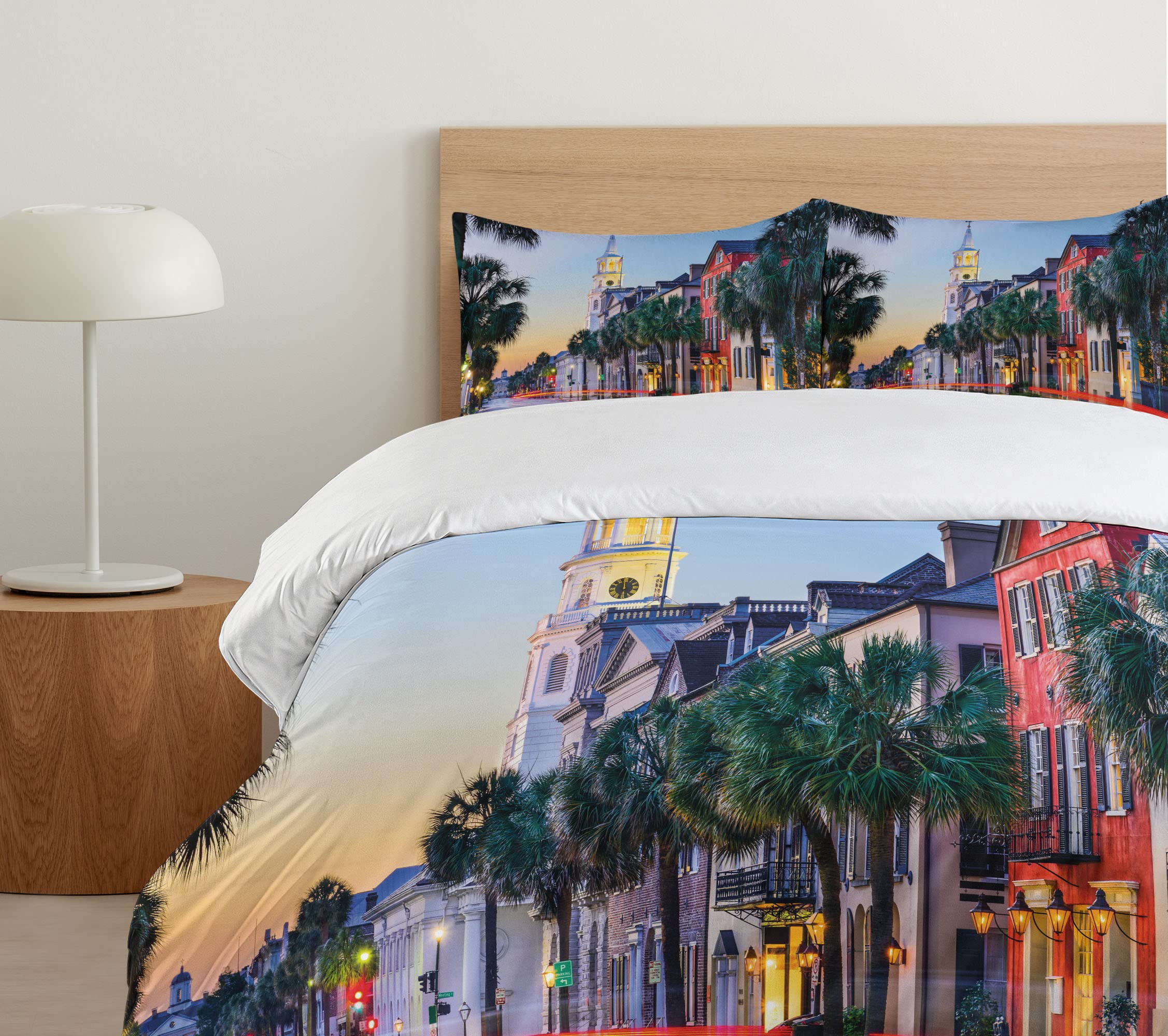 Ambesonne Charleston King Size Duvet Cover Set - 3 Piece Bedding with 2 Pillow Shams | Historic French Quarter Cityscape Sunset Design | Southern USA Tourist Attraction | Perfect for Guest Rooms, Vacation Homes & Southern-Themed Bedrooms