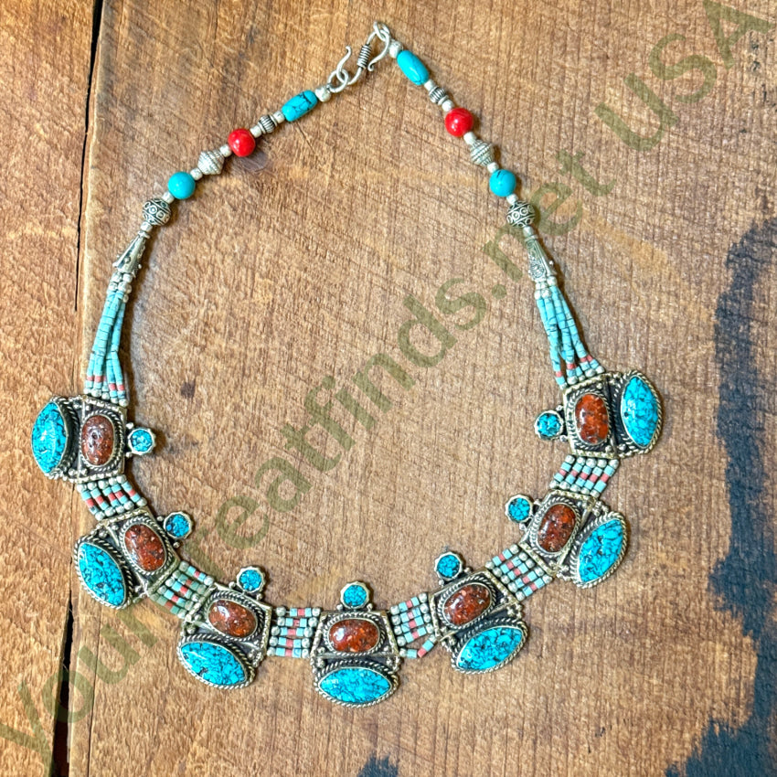 Handmade Tibetan Alpaca Silver Necklace with Turquoise & Coral Beads - Boho Jewelry for Women, Spiritual Gift, Festival Accessory