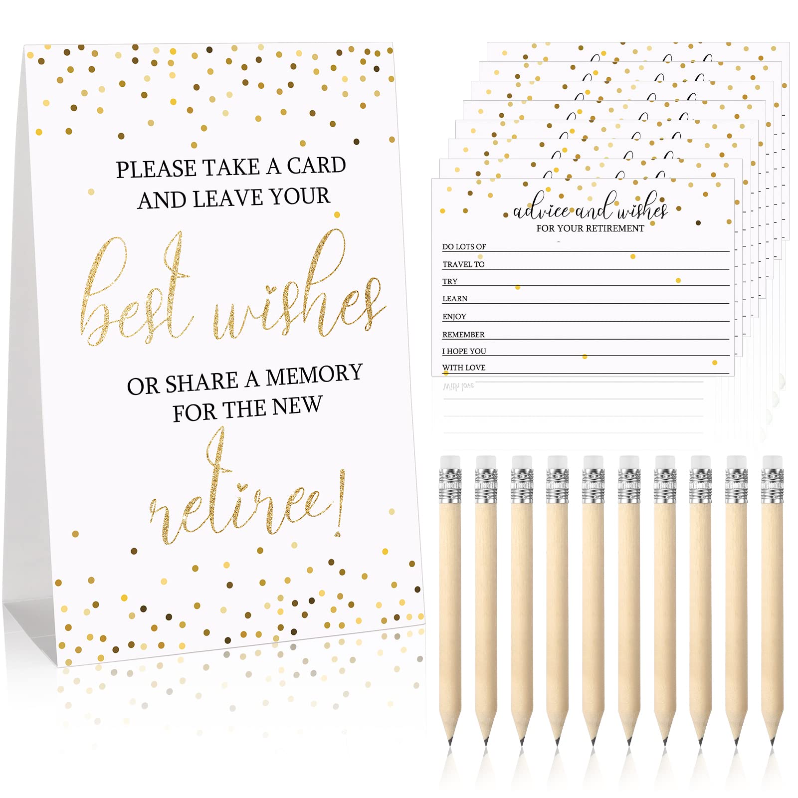 50-Piece Gold Retirement Party Advice & Wishes Cards Set with 10 Mini Pencils & Place Card - Perfect for Retirement Celebrations, Decorations & Guest Activities (Ideal for Office Farewells, Milestone Parties & Retirement Gifts)