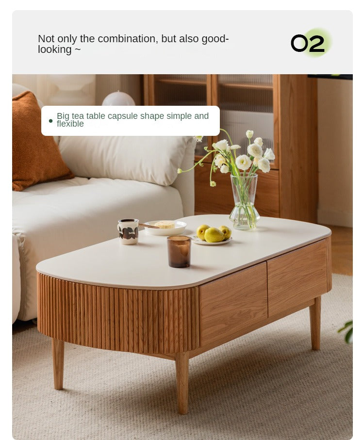 Solid Oak Wood Coffee Table with Slate Top - Modern Log Style for Living Room, Lounge & Office - Durable & Stylish Home Decor