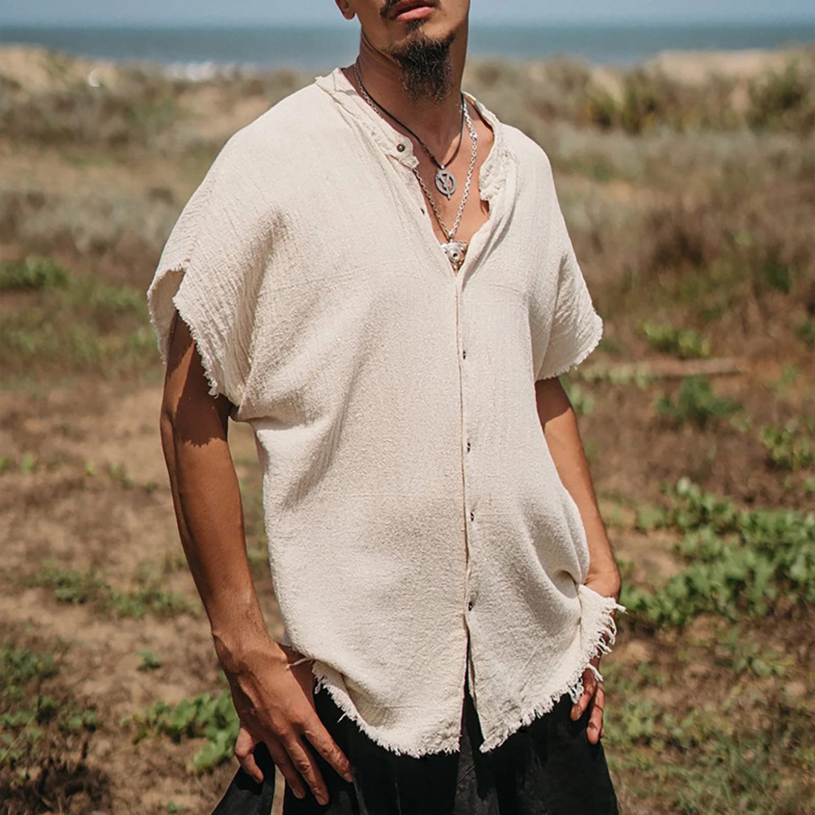 Men's Linen Shirt - Breathable Summer Henley T-Shirt | 100% Cotton Linen Blend | Loose Fit Comfortable Casual & Formal Wear | White XL | Perfect for Beach, Office & Outdoor Activities