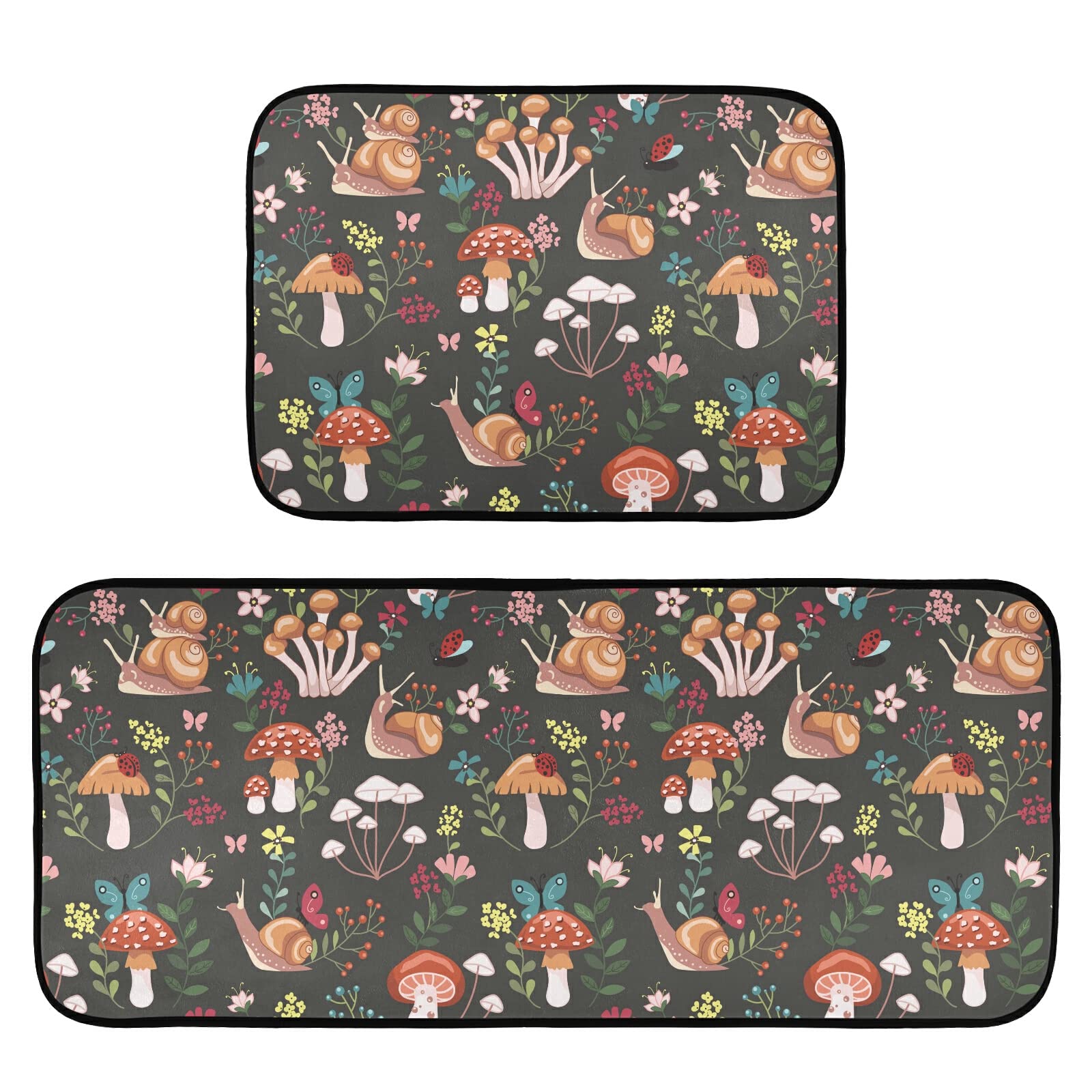 Premium Anti-Fatigue Kitchen Mats Set of 2 - Non-Slip Cushioned Runner Rugs with Mushroom & Snails Design for Kitchen, Sink, Laundry & Bathroom - Home Decor & Floor Protection for High-Traffic Areas