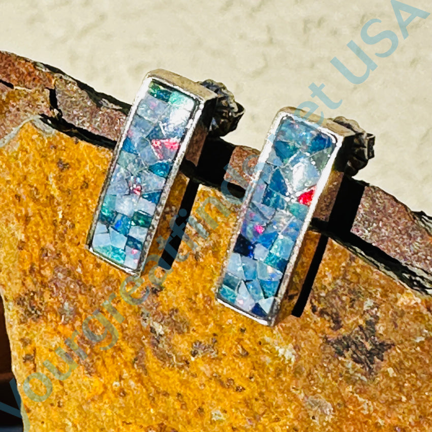 Sterling Silver Pierced Post Bar Earrings with Opal Chip Mosaic - Elegant Dainty Jewelry for Women, Perfect for Everyday Wear, Parties & Special Occasions