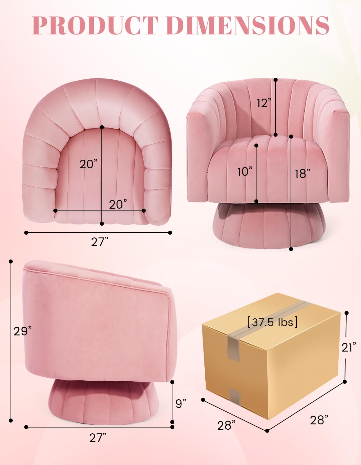 Kromax 360 Degree Swivel Accent Chair with Armrest - Mid Century Modern Barrel Chair in Plush Tufted Velvet, Perfect for Living Room, Bedroom & Home Office (Pink) | Cozy Reading Nook & Lounge Seating