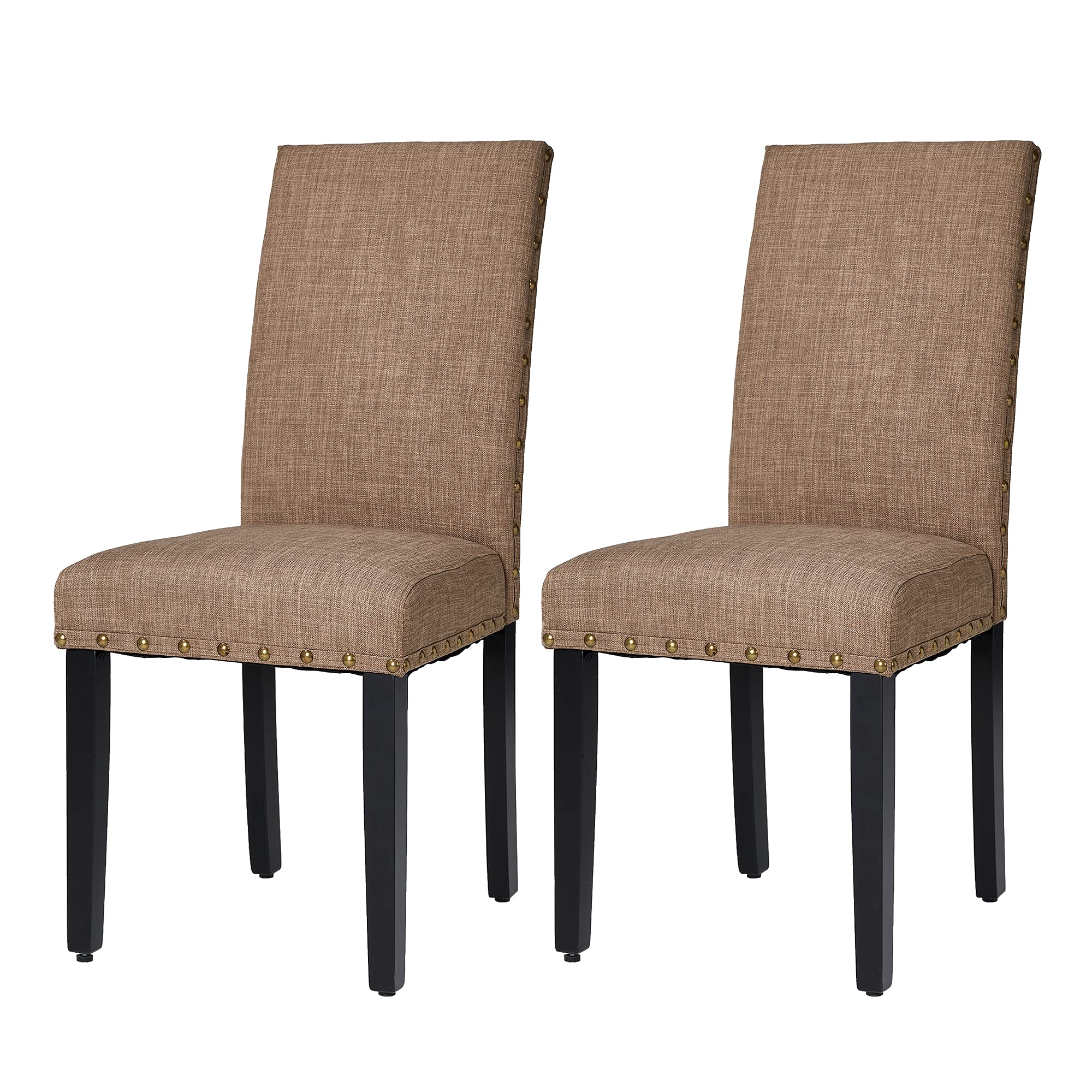 Glitzhome 2 Pack Tan Upholstered Dining Chairs - Rubber Wood Fabric Chairs with Studded Decor for Kitchen, Living Room & Dining Room - Perfect for Home Decor, Family Gatherings and Dinner Parties